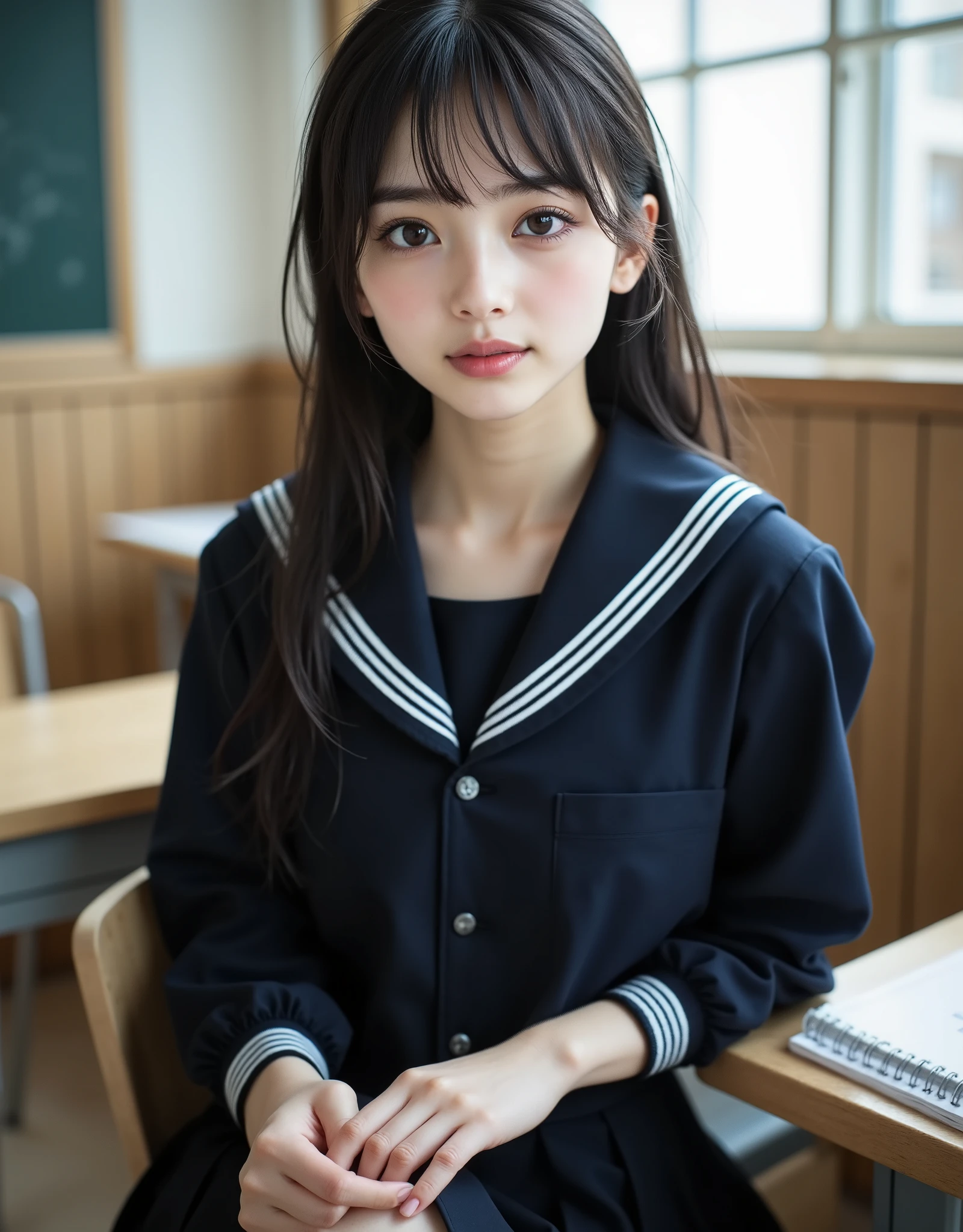 (Canon), (EOS R5), (50mm), ((( photorealistic:1.5))), (No lens flare :1.5), ((超 high resolution)), (masterpiece), accurate,( is presentな質感の肌), more details, high detail, high quality , Award-winning work , 最 high quality, 32K, depth of coverage, digital camera, award-winning glamour photo , professional lighting, (SFW), ((最 high quality:1.5)), ((masterpiece:1.5)), (( is present)), high resolution, is presentな影, Roughness, Real Life,( 1 Japanese woman so beautiful and cute), ( The cuteness of Japan's top idol ), ((Upper body shot seen obliquely from the front :1.5)), (( upper body shot from head to knee :1.5)), (( cute 18-year-old Japanese high school girl )), (( high school classroom , desk, chair, blackboard, and window visible )), (((Navy blue short-sleeved sailor suit:1.8))), (((襟と胸当てが紺色で3本の白色ラインがある半袖の紺色夏服セーラー服と dark blue flare skirt を着て椅子に座っている:1.8))), (( short sleeve navy blue sailor suit with dark blue collar and breastplate :1.8)), (( no front buttons on a sailor suit :1.8)), (( sailor suit's chest is dark blue and has 3 white lines :1.5)), (( dark blue flare skirt :1.5)), ((red scarf for sailor suit:1.8)), ((Navy blue scarf closure :1.5)), (( no accessories:1.5)), (( No Earrings :1.5)), ((Without necklace:1.5)), ((Women's watch on her left arm )), (( a very cute high school girl who feels young )), Attractive cuteness , seductive pose holding hands, Height: 160cm, slim figure, Beautifully shaped bust, D Cup, ((少し歯が見える very cute smile:1.5)), ( alone:1.5), (There is only one person in the classroom), ( brown eyes:1.9), ( Detailed depiction of extremely realistic skin ), (Highly detailed, realistic eyes:1.9), (Very beautiful, long, realistic eyelashes), (Highly detailed, realistic eyebrows), (丸い brown eyes :1.8), ( beautiful catchlight on the eyes), (Realistic lips with moisture ), ( white realistic teeth arranged neatly), ( Beautiful and Detailed Face :1.6), ( hourglass figure :1.6), (Wasp waist :1.5), ( Perfectly round and beautifully shaped bust :1.8), ( clearly contoured cheekbones :1.5), ( perfectly styled body :1.8), (Healthy body :1.8), (Narrow shoulders:1.9), ( viewers), ( seductive gaze), (Beautiful, natural-looking hands), ( beautiful pink nails with a beautiful length ), ( show your hands as little as possible ), ( very cute smile:1.1), ( her stomach and navel may be slightly visible:1.4), ( dark hair medium hair :1.3), ( beautiful black hair), ( has bangs), Natural atmosphere, Very cute type, beautiful thighs, (( evening classroom )), (( with a pencil case and notebook on her desk :1.4)), (( show your hands as little as possible )), ((I can't show my feet)), blur background, Illuminate the face, dynamic pose , beautiful body line , Beautiful, realistic skin , Art Photography, beautiful soft lighting , accurate手の形, accurate指の形, accurate指の数,5 fingers on one hand ,((No watermark, No signature))