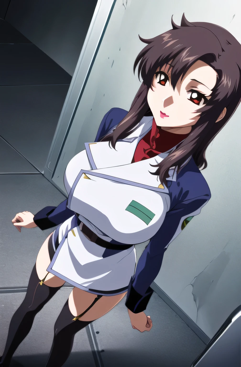Realistic characters wearing JK skirts, Seductive real girl, Attractive fishnet socks, oppai, Breast coverage and SF, the breasts are large, mayuri shiina from steins gate, sfv, biomechanical oppai, Realistic sexy style, (sfv)