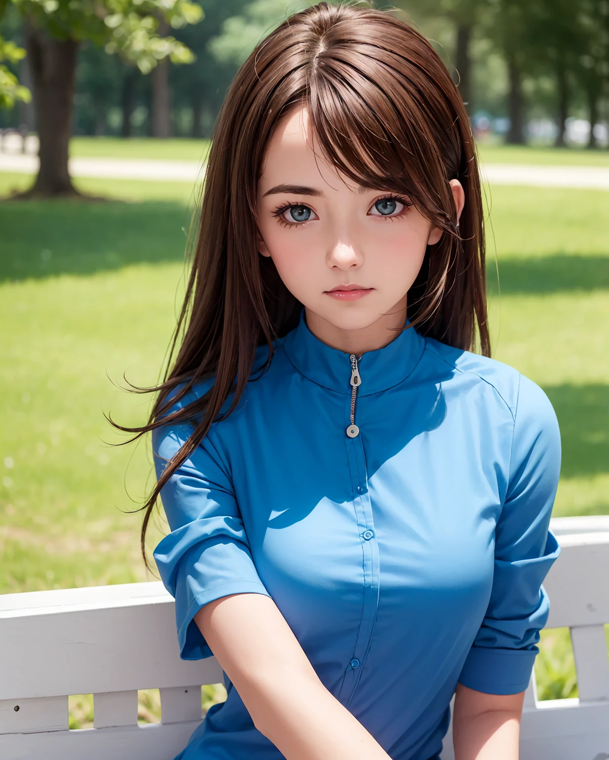 best quality, photorealistic, 8k, high res, full color, 1girl, woman, 20 years old woman, (closed mouth:1.73), (skindentation), (portrait:0.6), trees, park bench, daylight, ((park background:1.52)), full color, ((sleevelessblueshirt:1.58)), looking at viewer:1.8, (1girl eyes looking at viewer:1.55), (medium hair, brownhair, partedhair:1.45), (bokeh), 