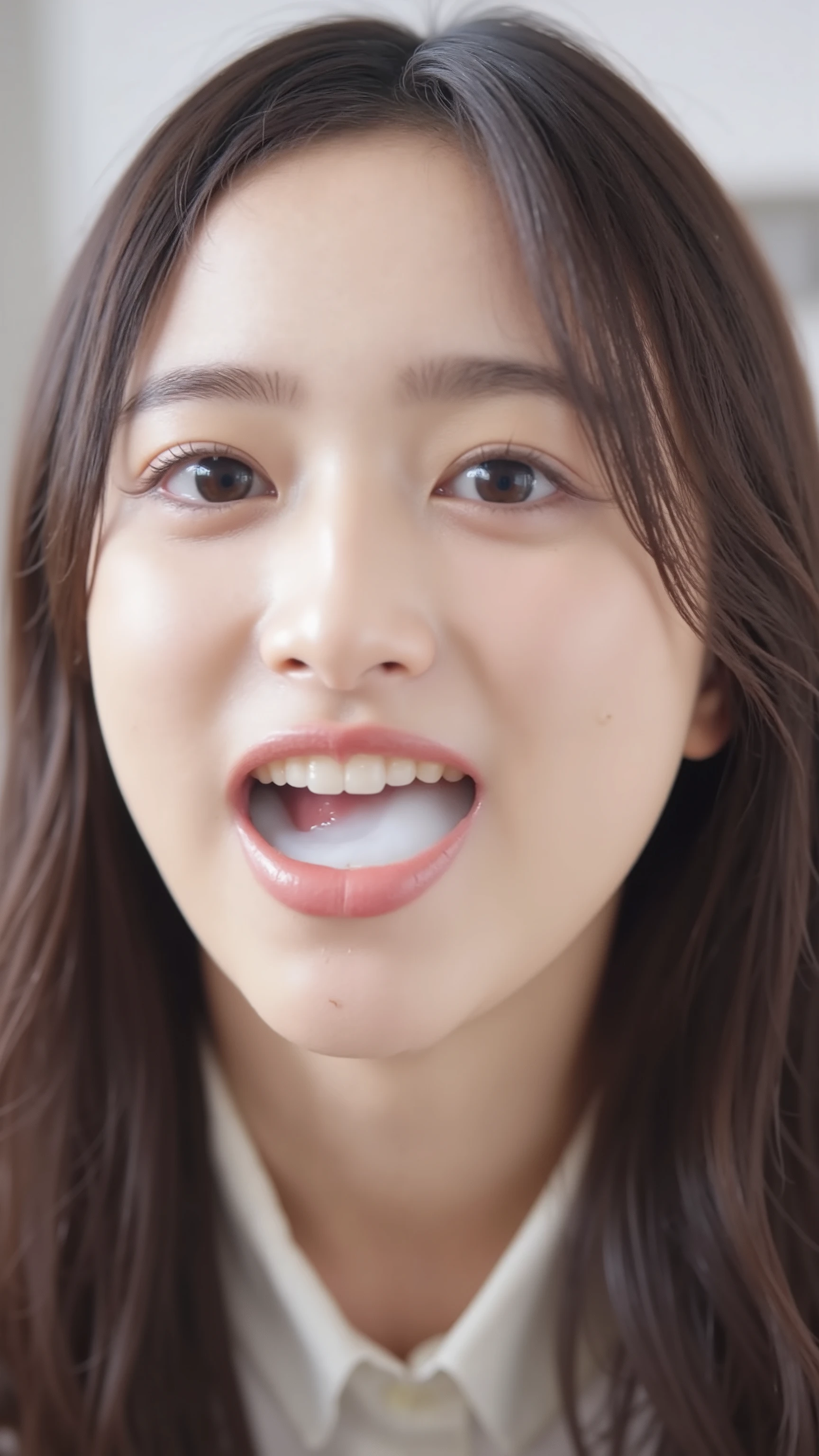 The high resolution photograph of a Japanese young female idol, intricate details, extremely detailed, sharp focus, solo, 1girl, face focus, close-up of face, looking at the camera, pale skin, detailed face, detailed eyes, seductive eyes, natural make-up,
(open mouth, white cum in mouth), indoors,