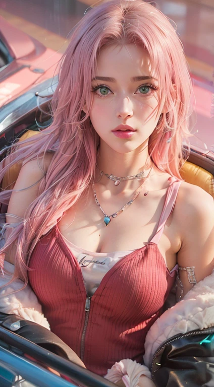 young woman, short shoulder-length pink hair, wide forehead, porcelain skin, pink eyebrows, big emerald green eyes, buttoned nose, full lips, heart-shaped face, slender body, small breasts, red tank top, Sakura Haruno , realistic, realism, details, 3d, well detailed