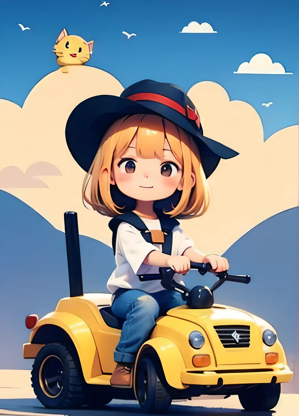 cute comic, 1 magica holding weapon, motor vehicle, tank, cat, hat, yellow, bangs, no nose, blush, cloud, sky