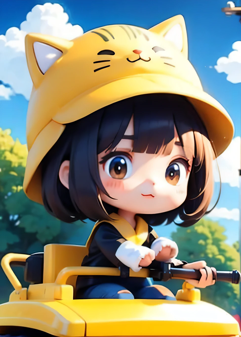 cute comic, 1 magica holding weapon, motor vehicle, tank, cat, hat, yellow, bangs, no nose, blush, cloud, sky
