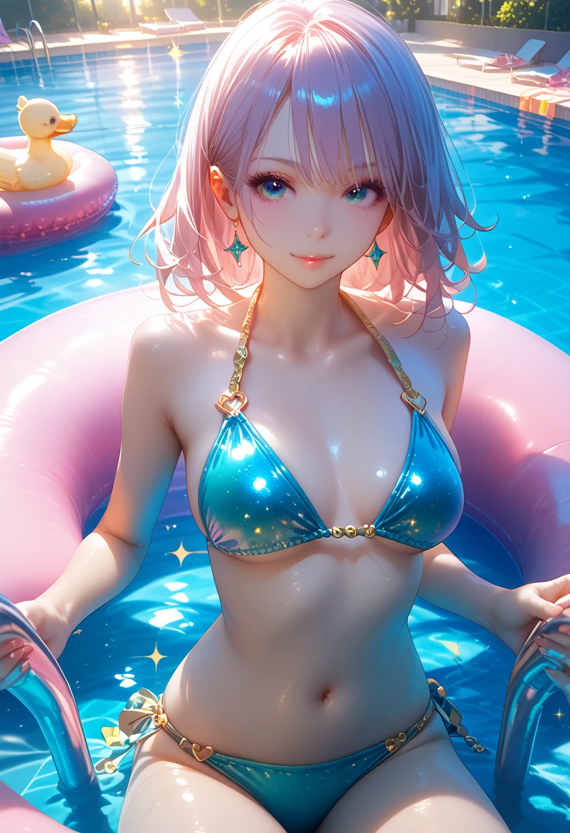 (Masterpiece, BestQuality:1.3), (ultra detailed:1.2), (hyperrealistic:1.3), (RAW photo:1.2), High detail RAW color photo, professional photograph, (Photorealistic:1.4), (realistic:1.4), (Pink Hair:1.5), professional lighting, perfect anatomy, (Big Breasts:1.2), (blush, detailed face), (cheerful Smile:1.5), Trending Hair&Trending Hairカラーをランダムに, earrings, necklace, bracelet, sexly, erotic sexly, Random sexy gravure poses, (Beautiful cosplayer wearing a blue high-leg bikini、She is smiling provocatively by the pool at her luxurious beach house.。The gold anklet adds sexiness。:1.3)
