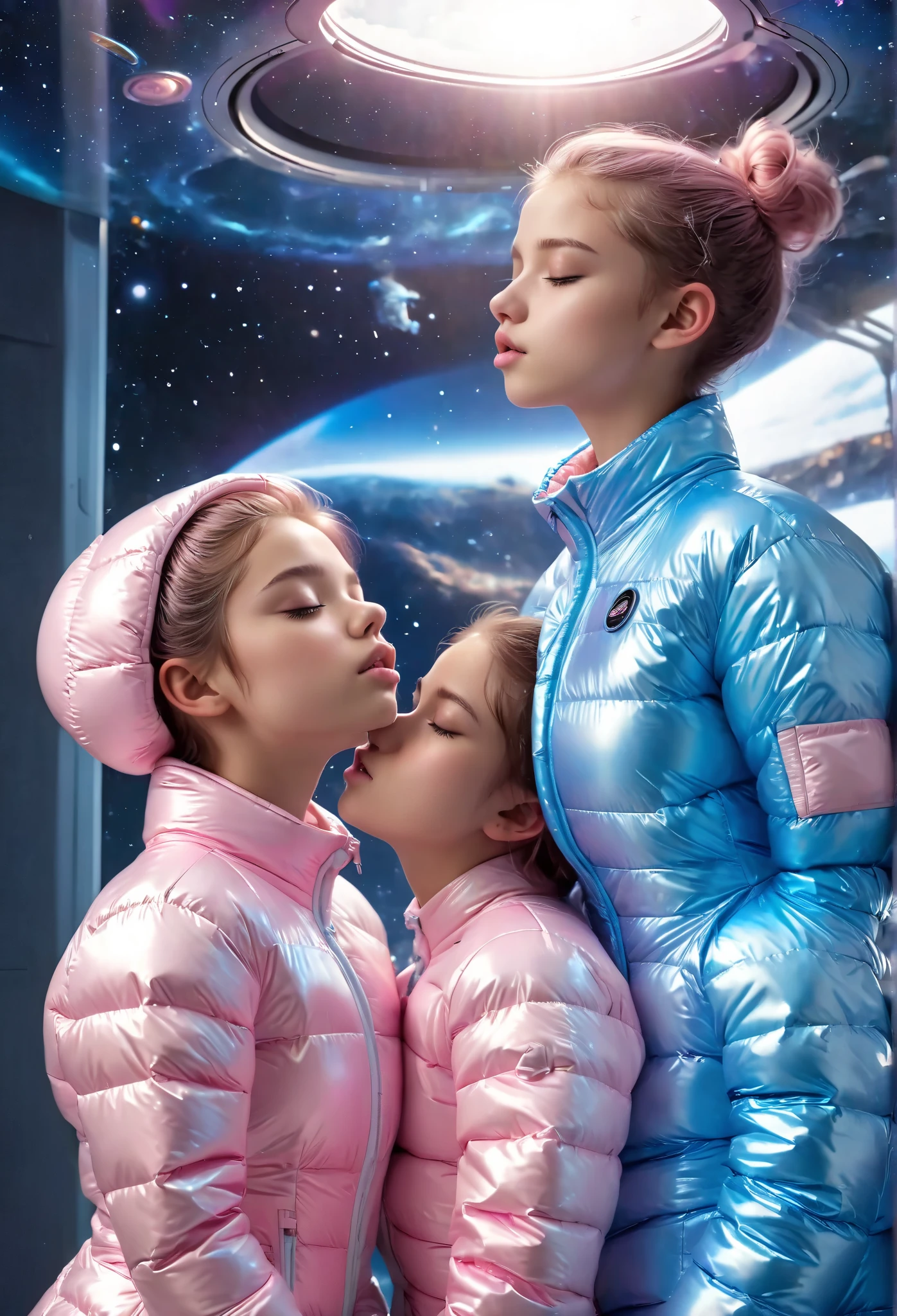 Top Quality, Masterpiece, High Resolution, 8k, wide objective, full body shot, ((ager, barely legal)), ((2 cute girls kissing in a light pink blue open shiny puffer with plunging neckline, short sleeves, small perky breasts, extremely detailed face, beautiful detailed closed eyes, beautiful detailed lips, pixie side shaved hair, small hips, in a spaceship, wide view))