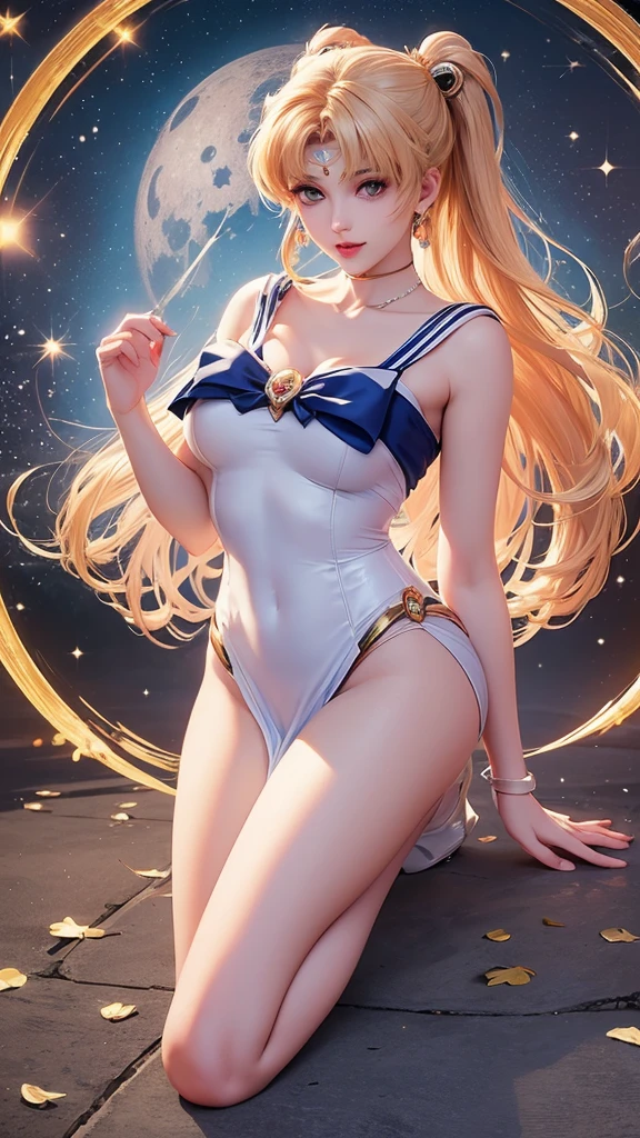 masutepiece, full: 1.3, to stand, 8K, 3D, Realistic, Ultra Micro Photography, of the highest quality, Extreme Details CG Unity 8K Wallpapers, From below, Intricate details, (nsfw:1.2),(1 female), 28 years old, (meishaonv,Sailor Moon,tiarra, Sailor Senshi Uniform Sailor: 1.2, Sailor Moon: 1.2), Incredibly long bright twin-tailed blonde, Thin and very long straight twin tail blonde, Hair bun, Red round hair ornament in a hair bun, Sailor Senshi Uniform, huge tit, (Silver-blue collar, blue sailor collar, Silver blue pre-gate ultra mini skirt: 1.3,Pants are visible,Super High Leg Swimsuit, very large red bow on the chest,,: 1.3, Long white latex gloves: 1.3, Red gloves on the elbows, very large red bow behind the waist,: 1.1, cleavage looks bigger:1.2, a golden tiara, earrings), (Face Details: 1.5, Bright blue eyes, Beautiful face, Beautiful eyes, shiny eyes, thin lips: 1.5, thin and sharp pale eyebrows, long dark eyelashes, Double eyelashes), Luxurious Golden Jewelry, Thin, thin and muscular,,, a small face, Perfect proportions, thin waist, SEXY Model Pose, Visible Pore, Seductive smile, Perfect hands: 1.5, Very thin and fitting high gloss silver-white holographic leather, Octane Rendering, highly dramatic picture, Strong natural light, Sunlight, exquisite lighting and shadow, Dynamic Angle, Digital SLR, Sharp Focus: 1.0, Maximum clarity and sharpness, (Space background,Moon, dynamic background, Detailed background),(Rabbit, Double bun, Twin-tailed, Parted bangs, circlet, Jewelry, earrings, Choker, Red bow, White Gloves, elbow groves, Blue skirt
),nffsw