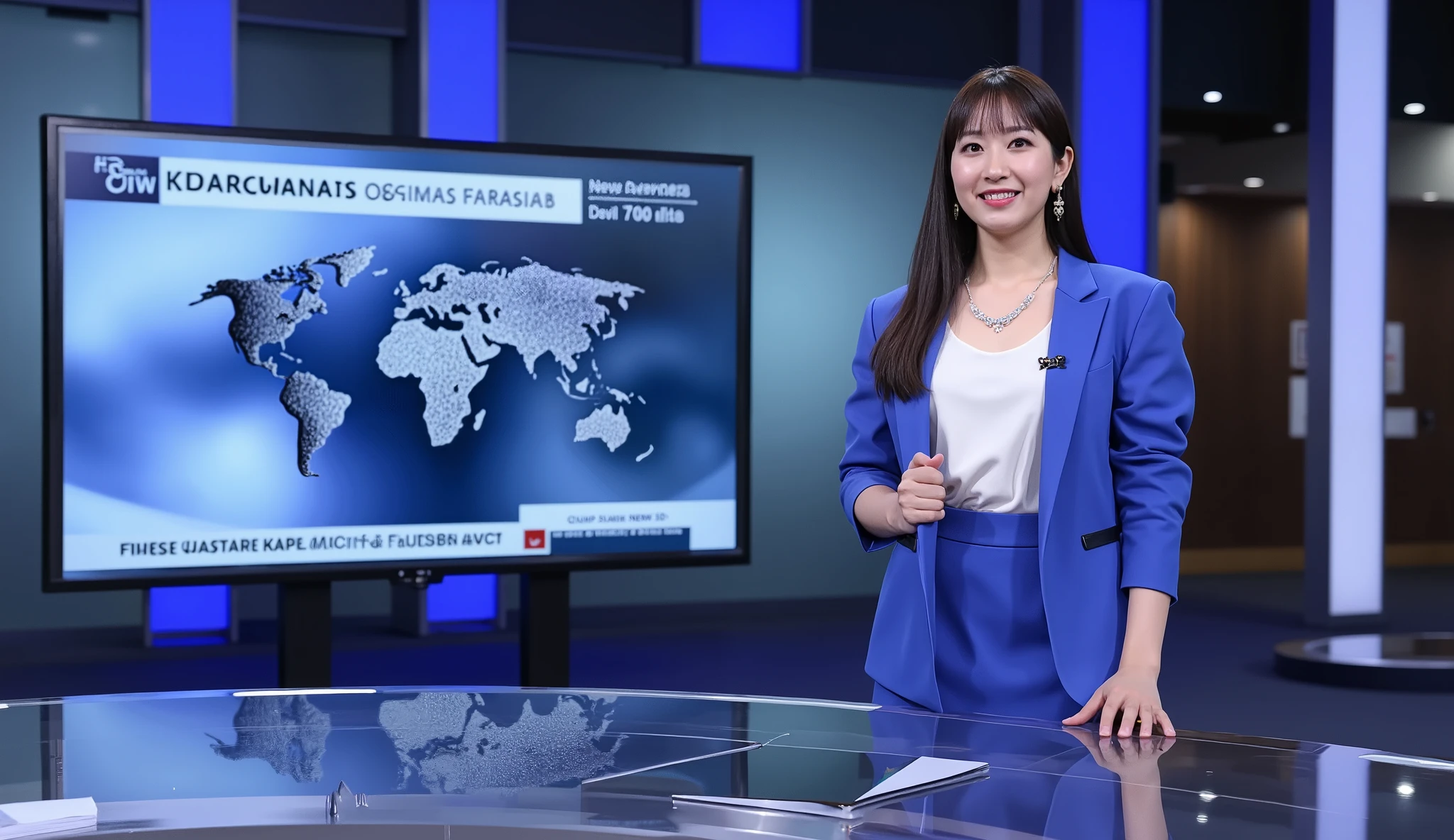 Front view, Full body, left position stand, right big TV monitor in foreign NEWs, talking news, female New news anchor, 1 beautiful Japanese women ,30-age, (black straight middle hair, fringe, gold earring ,smile) ,(D cup breasts, middle hip), (White elegant blouse, Blue one button Jacket), (blue mini skirt, black pantie stocking, black hi heal) , News Studio, back big monitor, (super detailed, High Details , High Quality , Accurate, anatomically correct , textured skin, beautiful fingers super detailed, High Details , High Quality , High Quality )