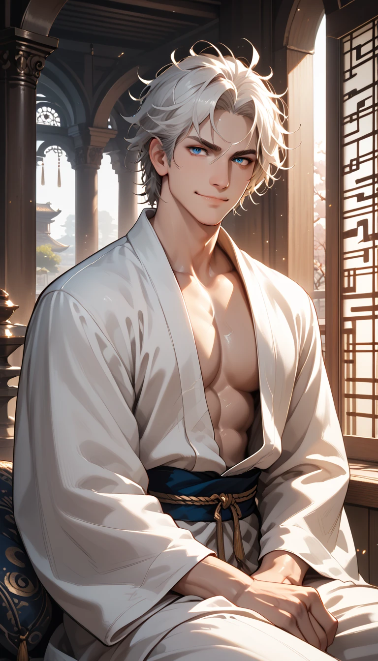 score_9, score_8_up, score_7_up, score_6_up, score_5_up, score_4_up, 1man, male focus, tall, adult, solo, handsome, toned body, messy white hair, blue eyes, sitting, smirking, (white scales on skin, white ancient robe, gold details), Japanese interior home, dim lighting, majestic lighting, delicate line drawing, shortcuts, detailed, high quality:1.3