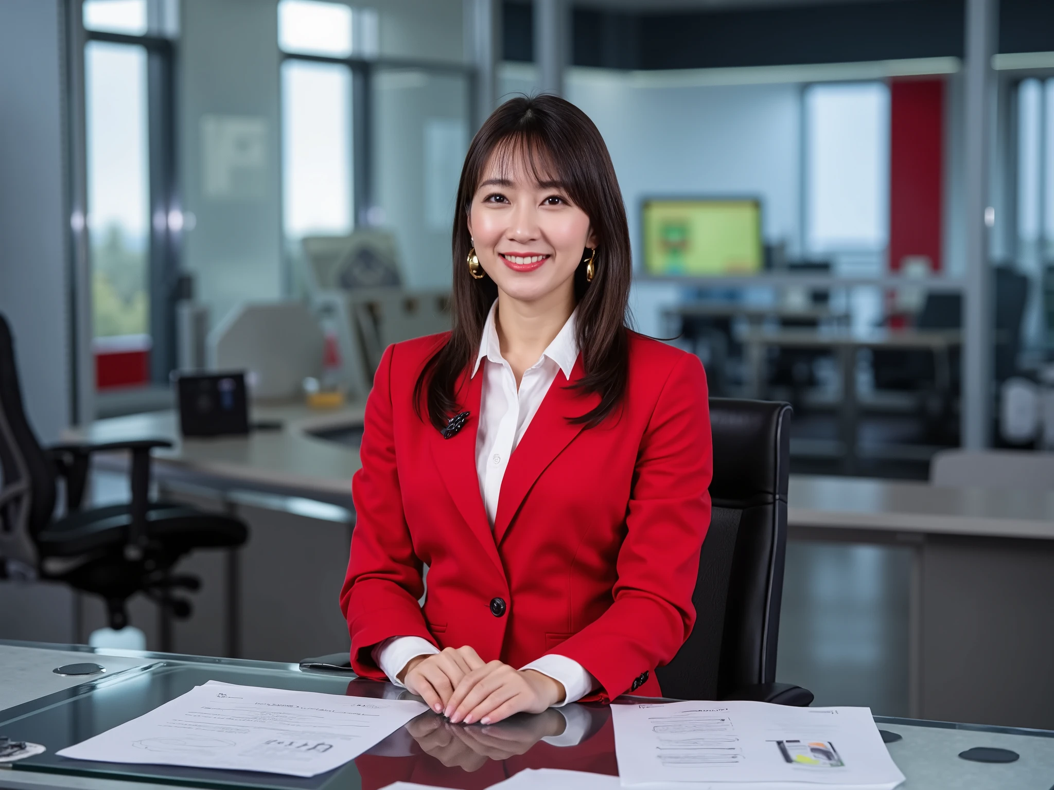 Front view, Full body, Front view, female New news anchor, 1 beautiful Japanese women ,30-age, (black straight middle hair, fringe, gold earring ,smile) ,(D cup breasts, middle hip), (White elegant blouse, red one button Jacket), (red middle skirt, black pantie stocking, black leather long boots) , News Studio, in News room, NHK studio, desk , chair, paper on desk, back big monitor, (super detailed, High Details , High Quality , Accurate, anatomically correct , textured skin, beautiful fingers super detailed, High Details , High Quality , High Quality )