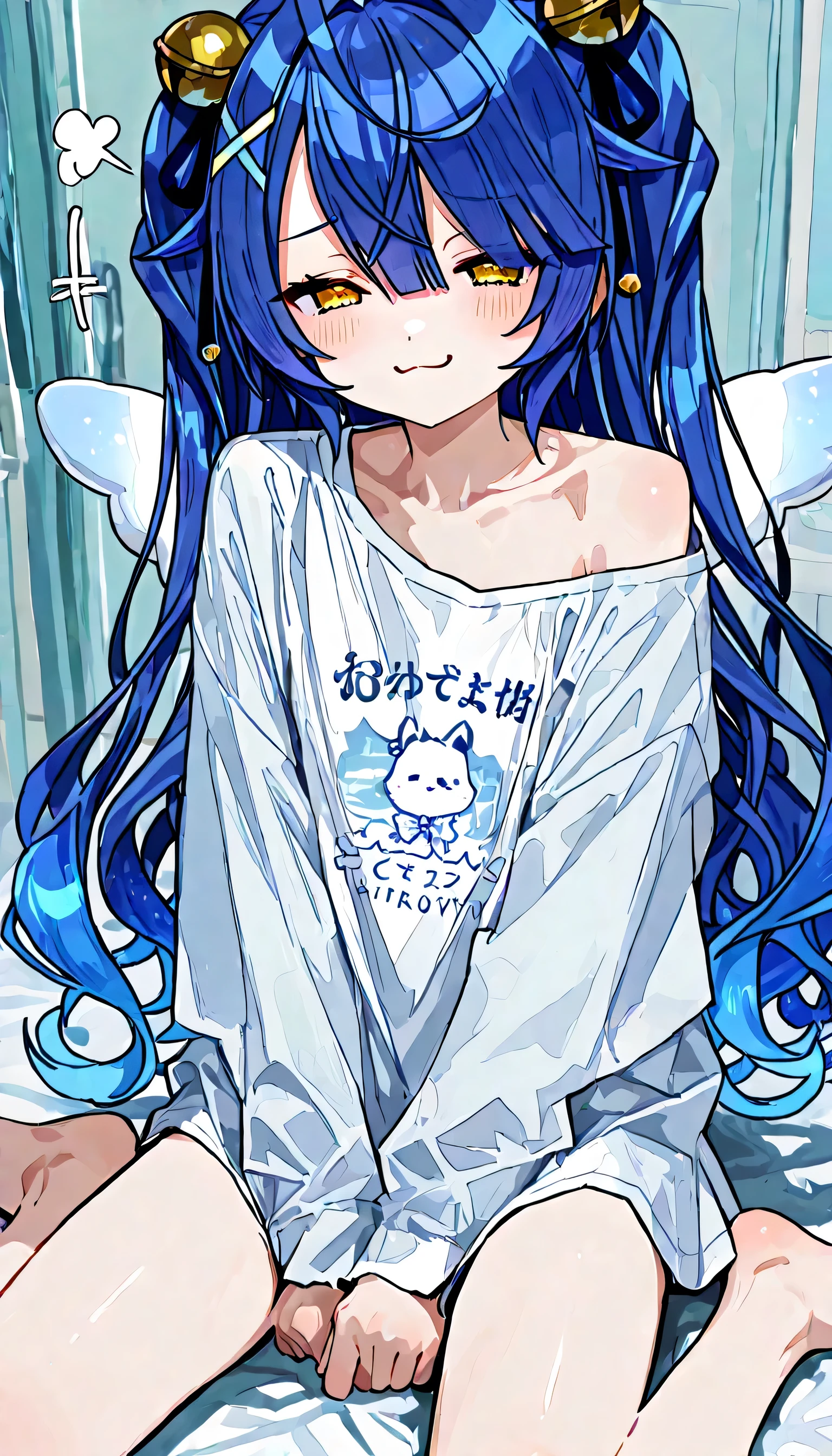 Oversized white shirt, Amamiya Kokoro, nijisanji, wariza, flat chest, skinny body, smug