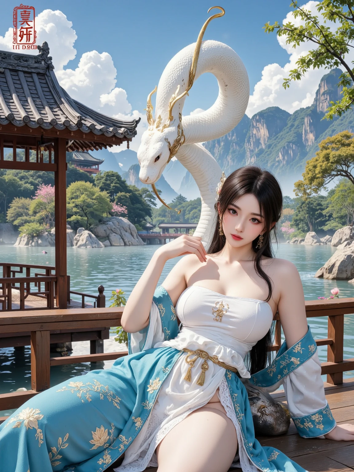 (heavy breasts)、top-quality、masterpiece、超A high resolution、(Silver Dragon Armor)、(((Colossal tits))),dragon armor、(((large floral ornament on the head))),(((Detailed Micro Bikini))),(Wearing a beautiful crown made of jewels),(Photorealsitic:1.4)、Raw photo、女の子1人、(((Random hair))、(((Take different poses)))、glowy skin、(((White Chinese Dragon)))、Intricate and ornate hair ornaments、(Gorgeous Jewelry Necklaces)、(Mystical expression)、(Full Body Angle)、(Fight big dragons)、(Metal bikini)、((beautiful lake background)),(beautiful forest background)、Precipitous cliffs、(Castle background)、((super realistic details))、portlate、globalillumination、(sexypose)、Shadow、octan render、8K、ultrasharp、Colossal tits、Raw skin is exposed in cleavage、metals、Details of complex ornaments、Japan details、highly intricate detail、Blue eyes、radiant eyes、Facing the camera、Toostock、(Full Body Angle)、(veils)、(((Heavy Big))),((she is wearing a beautiful jeweled bangle.)),