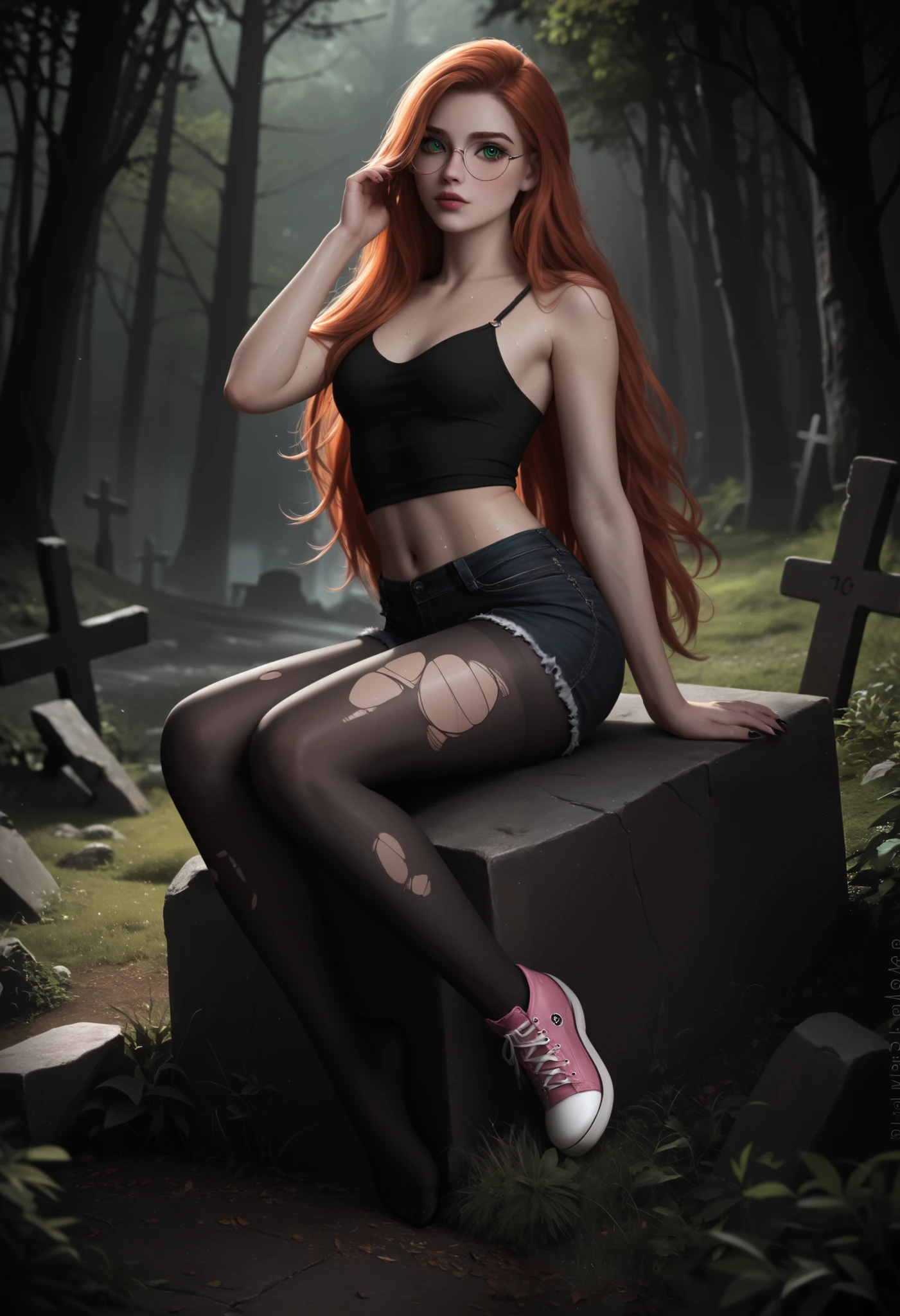 Dynamic composition. Character portrait. Extreme close up face of a pale skinny girl, ite short girl. Detailed face looking at viewer., long hair, straight ginger hair, light-orange hair. Hair 50cm long. Long-length hair, soft skin. petite girl. 165cm height. Wet skin. Hazel-green eyes. Detailed eyes. Thick eyebrows. Gentle face expression. Looking shy. Cute face. 20 years old cutie. Straighten her hair. One hand on hair.Detailed sweat legs. Kind look. Big cute cheeks. Soft and tender skin. Big glasses. Round eyeglasses. 18 years old cute girl, detailed lips. Detailed face. Dirty clothes. Black camisole top. Clear black top. Black shorts, tight-fitting shorts, detailed jeans shorts, torn black shorts. High waist Pantyhose. Long pantyhouse. Tight-fitting pantyhose. Detailed pantyhose. Black pantyhose. Detailed slim legs, black nails on hands. Detailed face. Dynamic position. White long socks. Thin white socks. Pink converse shoes. Clear chuck Converse. Pink shoes. Detailed face and eyes. Soft skin, sweaty thighs. Legs to the side. Detailed navel. Detailed face. Dynamic pose. Sitting on a stone grave. Detailed vegetation. Autumn forest. Ruins in forest. Dusk sunrise. Sunrise in forest. Dark souls graveyard. Forest graveyard. Blurry cinematic background. Dark souls atmosphere, chiaroscuro, sensual and dramatic night lighting. Emotional impact, powerful composition, moody graveyard, expressionistic. Grim atmosphere, gothic colours, shocking atmosphere, photorealistic details, chiaroscuro, sensual and dramatic lighting. Moody, intricate details, masterpiece, ultra detailed, high quality, 8k, best quality, realistic, cinematic, dark and brooding, expressionistic, powerful composition, emotional impact. Detailed fingers, detailed hands. Detailed eyes. Detailed face.
