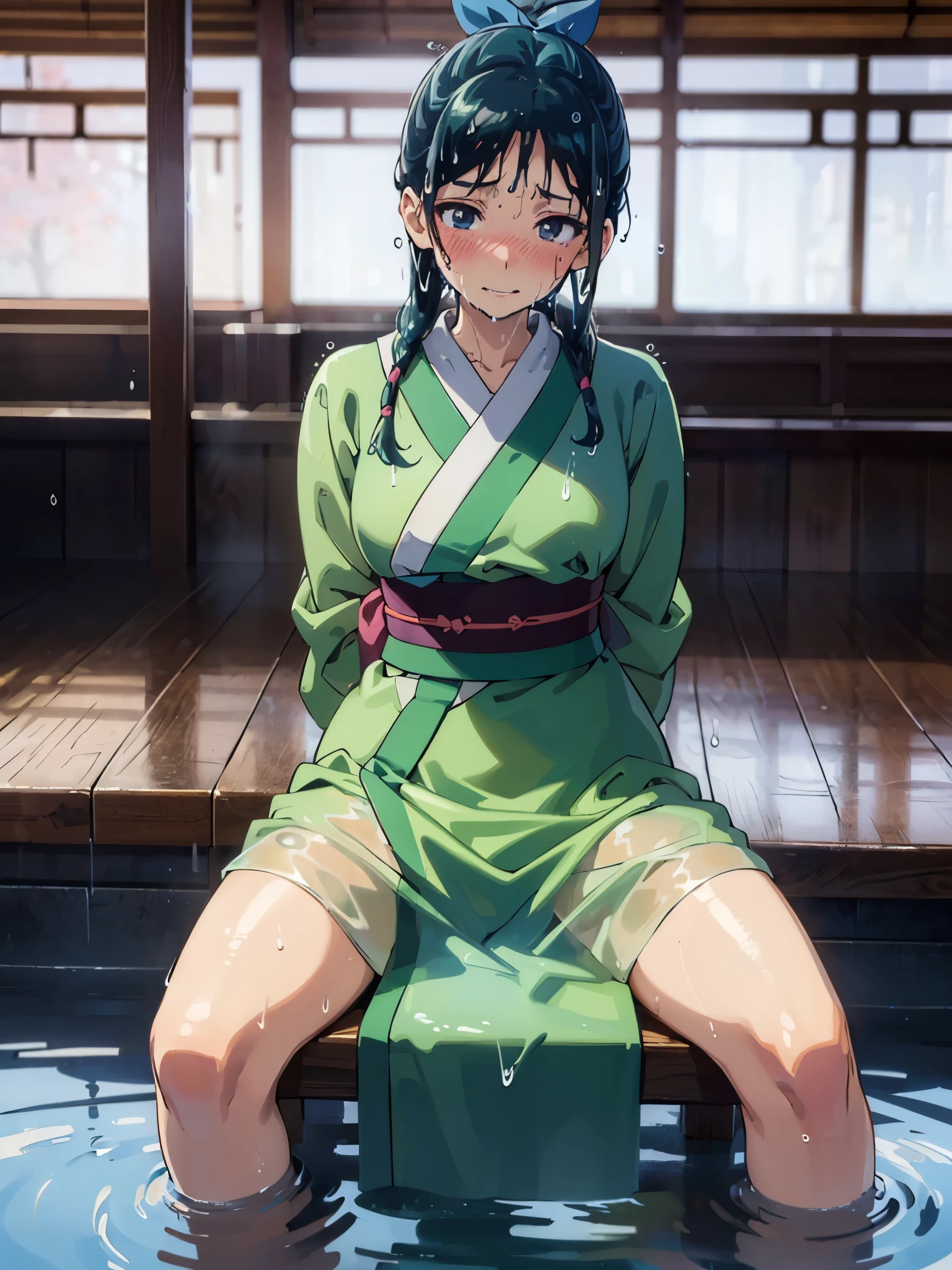 anime - style illustration of a woman in a (ultra thin:1.5) white silk kimono, anime character, official character art, full body, female anime girl, (small breasts), dark green hair, blunt bangs, in the private room, (sitting and spread legs on the chest:1.5), leaning back, (arms behind back:1.5), looking at viewer, blush, (smile:1.5), from above, (embarrassed expression:1.5), (soaking wet sweaty:1.5), red lips,