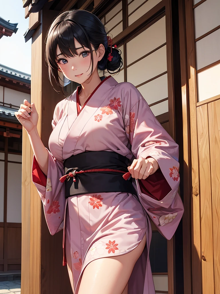 、、Smile small、Braided hair、Emphasize small cleavage、Kyoto hot spring town (Straw weave) Flooring、Wearing a yukata with a pink floral pattern、One-sidedoff-shoulder((Highest quality))face real、(1. Glowing Skin.4)Extreme close-up from below(((sexy)))((masterpiece)、(1. Glowing Skin.1.4)Thigh Emphasis、((Tatami room))、(((11-year-old girlb Hair、sexy pose、、、(Various poses)
