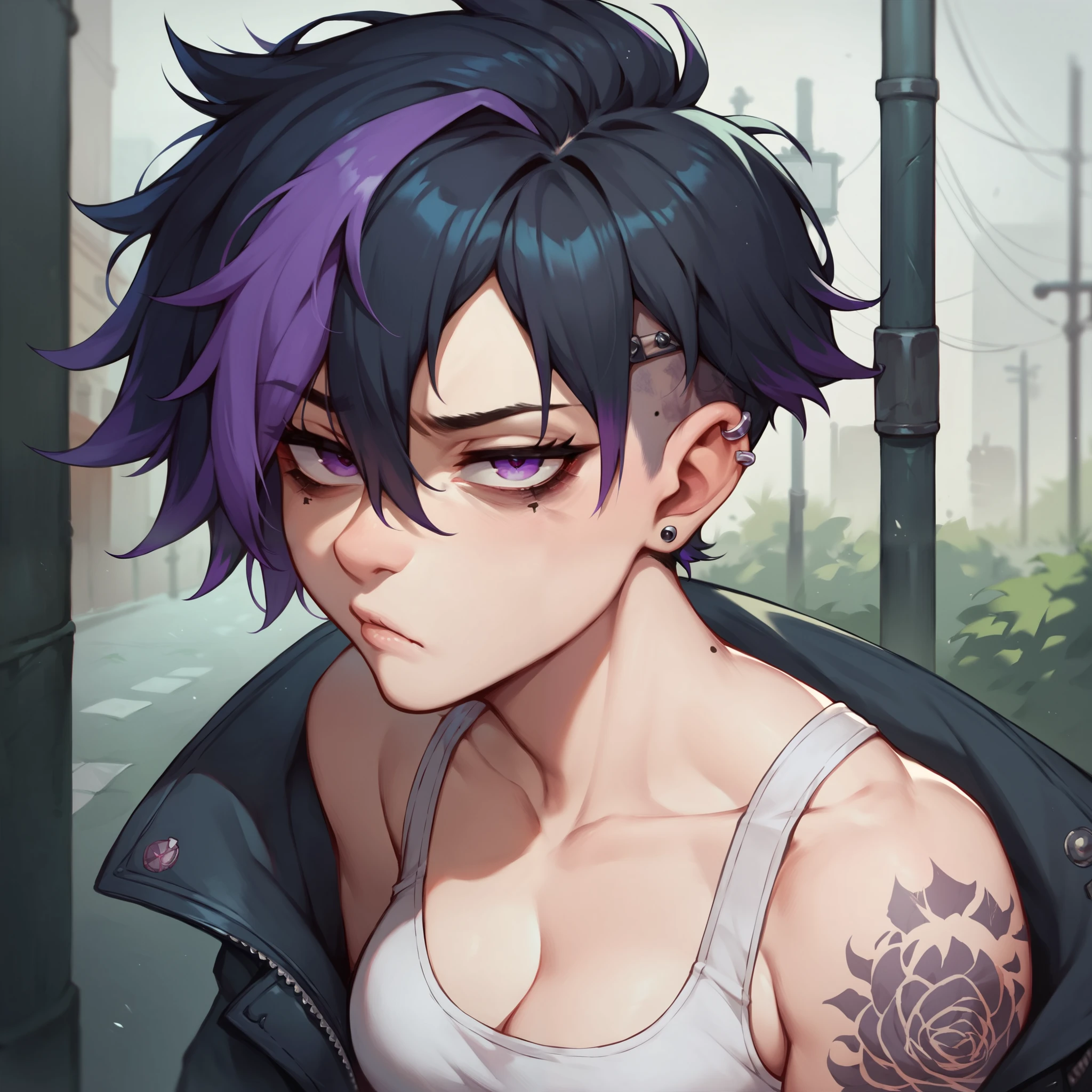 there is a woman with glasses and a black jacket on, Dark purple hair and cybernetics, grungy woman, Emo art student, with glasses, Purple hair portrait of woman, Profile shot, purple and black, look from the side, Shot from the side, Irish horrors, dark and dirty, purple and black, shot from far away
