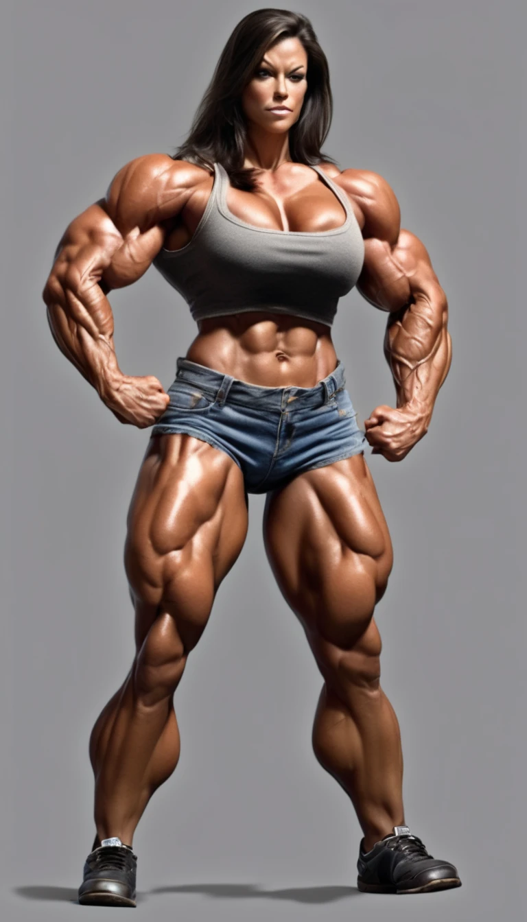 (1 girl), (megan fox:1.25), ((wide shoulders:1.25)), (a naked Bodybuilder woman with oiled muscular physique:1.25), (ten pack abs:1.5), (full body view:1.25), ((large muscular veiny pecs:1.25)), choker, (sculpted muscles:1.25), detailed eyes, (muscular body:1.25), (looking at viewer), (smile:1.25), (blank dark background:1.5), in the art style of peter mohrbacher, (beautiful girl face:1.25)