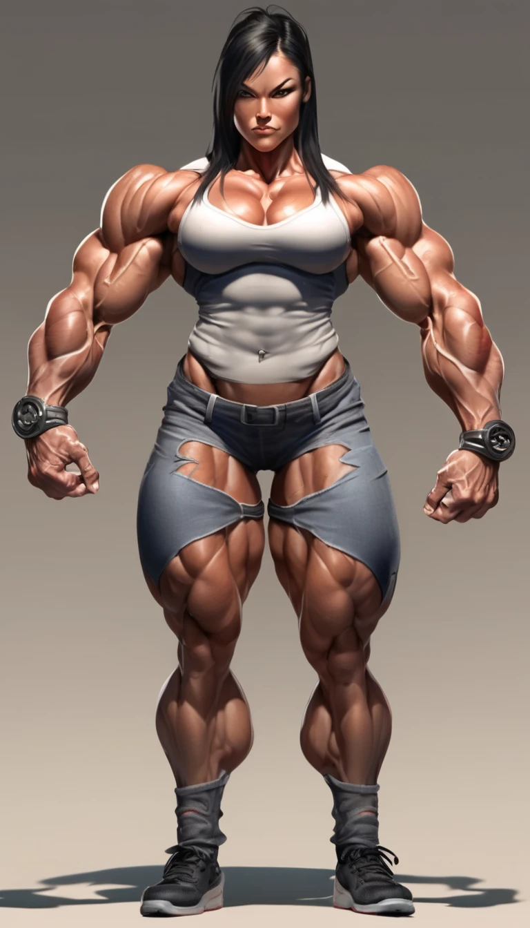 digital art, highly detailed, reference sheet, standing pose, feminine features, mature woman, adult female, muscular figure, abs, strong biceps, strong thighs, whole body, bald, form-fitting, tank-top, hoodie, yoga pants, shoes, 1woman, solo, upper body, lower body, ((Extremely Detailed)), ((Best Quality)), ((Masterpiece)), ((4k)).
