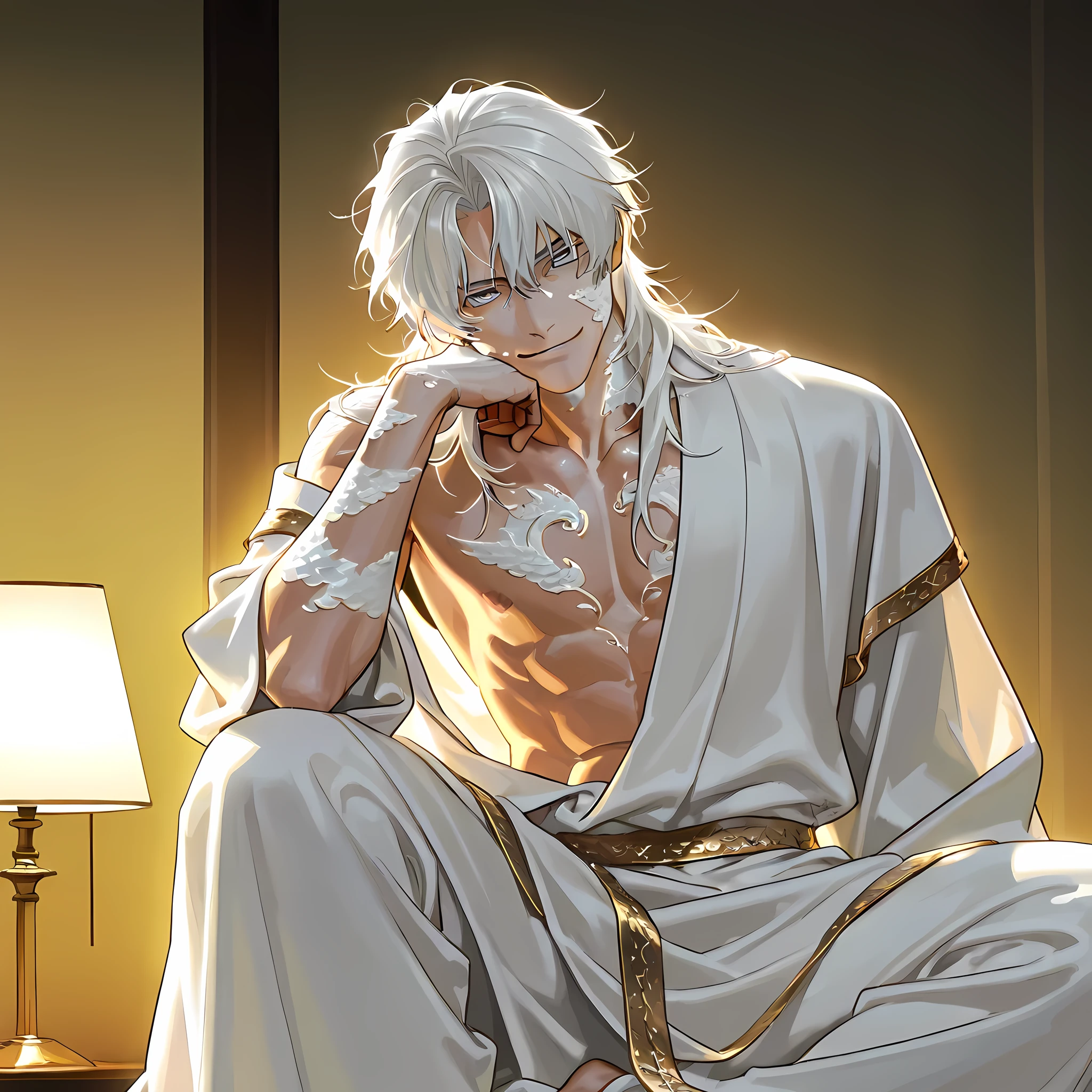 1man, male focus, tall, adult, solo, handsome, toned body, messy white hair, blue eyes, sitting, smirking, (white scales on skin, white ancient robe, gold details), Japanese interior home, dim lighting, majestic lighting, delicate line drawing, shortcuts, detailed, high quality:1.3
