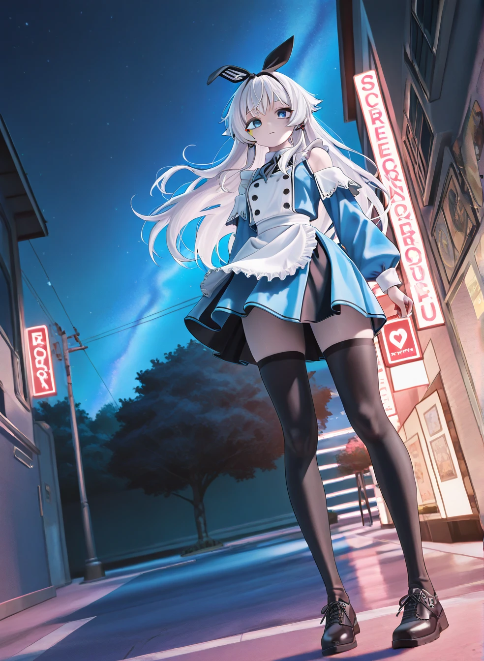 Realistic,highest quality, Ultra Detail, High-quality CG rendering, The most delicate and beautiful, Floating softly, High resolution, (1 girl), (Highest quality,4K,8K,masterpiece:1.2), Light purple hair,Long Hair,Red eyes,(white oversized long sleeve t-shirt:1.3),Black skinny jeans,(White Hat:1.3),(Turn your back to your audience:1.3),Ass,Sandals