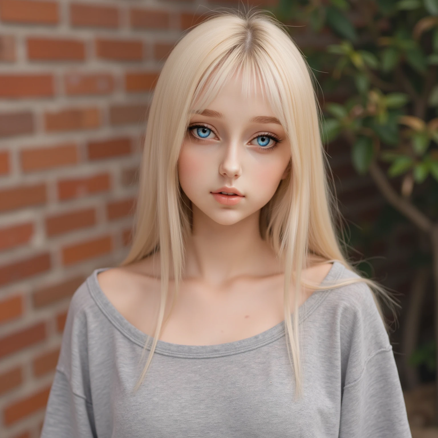 A complete shot of a woman with long blonde hair standing, long straight blond hair and big penetrating blue eyes, hyperrealistic ager, perfect android girl, Ultra-realistic sweet rabbit girl , beautiful detailed body and face , Hyperrealistic schoolgirl.
