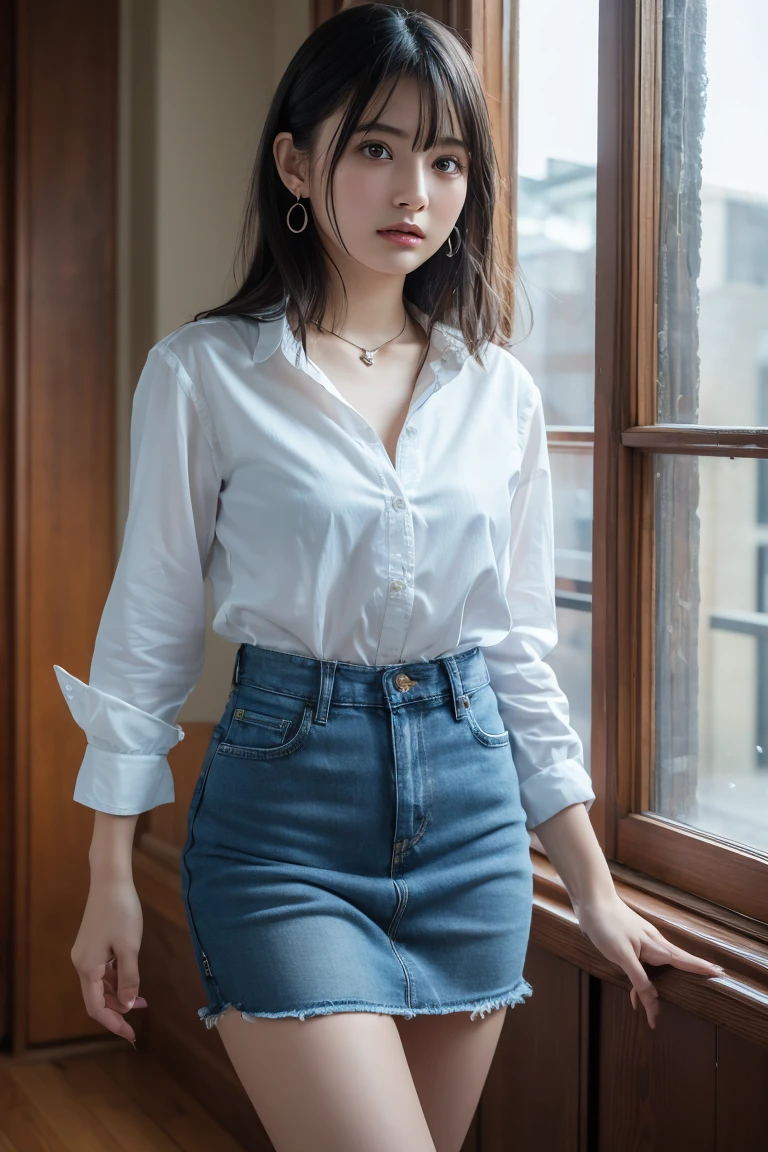 best quality, masterpiece, (photorealistic:1.4), 1girl, light smile, shirt with collars, waist up, dramatic lighting, from below
