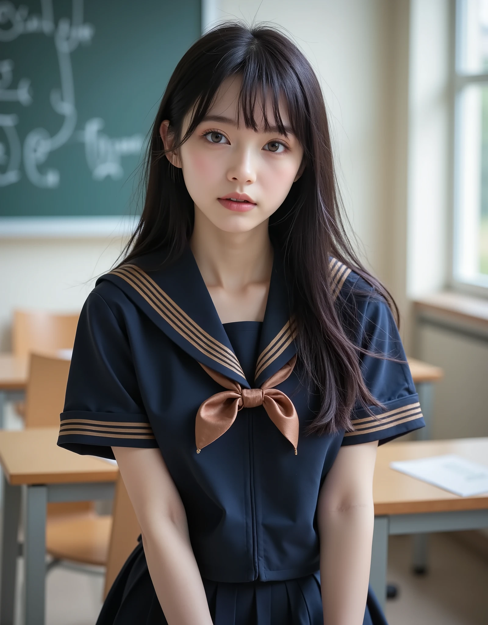 (Canon), (EOS R5), (50mm), ((( photorealistic:1.5))), (No lens flare :1.5), ((超 high resolution)), (masterpiece),  accurate,( is presentな質感の肌),  more details,  high detail,  high quality ,  Award-winning work , 最 high quality, 32K,  depth of coverage,  digital camera,  award-winning glamour photo  ,  professional lighting, (SFW), ((最 high quality:1.5)), ((masterpiece:1.5)), (( is present)),  high resolution, is presentな影, Roughness, Real Life,( 1 Japanese woman so beautiful and cute), ((Very young and petite:1.8)), ((Quite ish:1.8)), ( The cuteness of Japan's top idol ), ((Upper body shot seen obliquely from the front :1.5)), (( upper body shot from head to knee  :1.5)), ((A cute  Japanese  girl)), (( middle school clas chair, blackboard, and window visible )), (((Navy blue short sleeve sailor suit with dark blue collar and 3 brown lines :1.8))), (((襟と胸当てが紺色で3本の茶色ラインがある半袖の紺色夏服セーラー服と dark blue flare skirt を着て椅子に座っている:1.8))), (( short sleeve navy blue sailor suit with dark blue collar and breastplate :1.8)), (( sailor suit chest is dark blue with 3 brown lines :1.5)), (( dark blue flare skirt :1.5)), (((セーラー服用のBrown scarf:1.8))), (((Brown scarf:1.8))), ((Navy blue scarf closure :1.5)), (( no front buttons on a sailor suit :1.8)), ((( no accessories:1.9))), ((( No Earrings :1.8))), (((Without necklace:1.8))), (( a very cute high school girl who feels young )), Attractive cuteness ,  seductive pose holding hands, Height: 150cm,  slim figure, Quite small bust,  A cup, ((少し歯が見える very cute smile:1.5)), ( alone:1.5), (There is only one person in the classroom), ( brown eyes:1.9), ( Detailed depiction of extremely realistic skin ), (Highly detailed, realistic eyes:1.9), (Very beautiful, long, realistic eyelashes), (Highly detailed, realistic eyebrows), (丸い brown eyes :1.8), ( beautiful catchlight on the eyes), (Realistic lips with moisture ), ( white realistic teeth arranged neatly), ( Beautiful and Detailed Face :1.6), ( thin waist:1.5), ( very small bust :1.8), ( clearly contoured cheekbones  :1.5), ( perfectly styled body  :1.8), (Healthy body :1.8), (Narrow shoulders:1.9), ( viewers), ( seductive gaze), (Beautiful, natural-looking hands), (Short, straight, natural nails), ( show your hands as little as possible ), ( very cute smile:1.1), ( her stomach and navel may be slightly visible:1.4), (straight black hair short hair :1.3), ( beautiful black hair), ( has bangs), Natural atmosphere, Very cute type,  beautiful thighs, (( evening classroom )), (( with a pencil case and notebook on her desk :1.4)), (( show your hands as little as possible )), ((I can&#39;t show my feet)),  blur background, Illuminate the face,  cute pose ,  beautiful body line , Beautiful, realistic skin , Art Photography,  beautiful soft lighting ,  accurate手の形, accurate指の形, accurate指の数,5 fingers on one hand ,((No watermark, No signature))