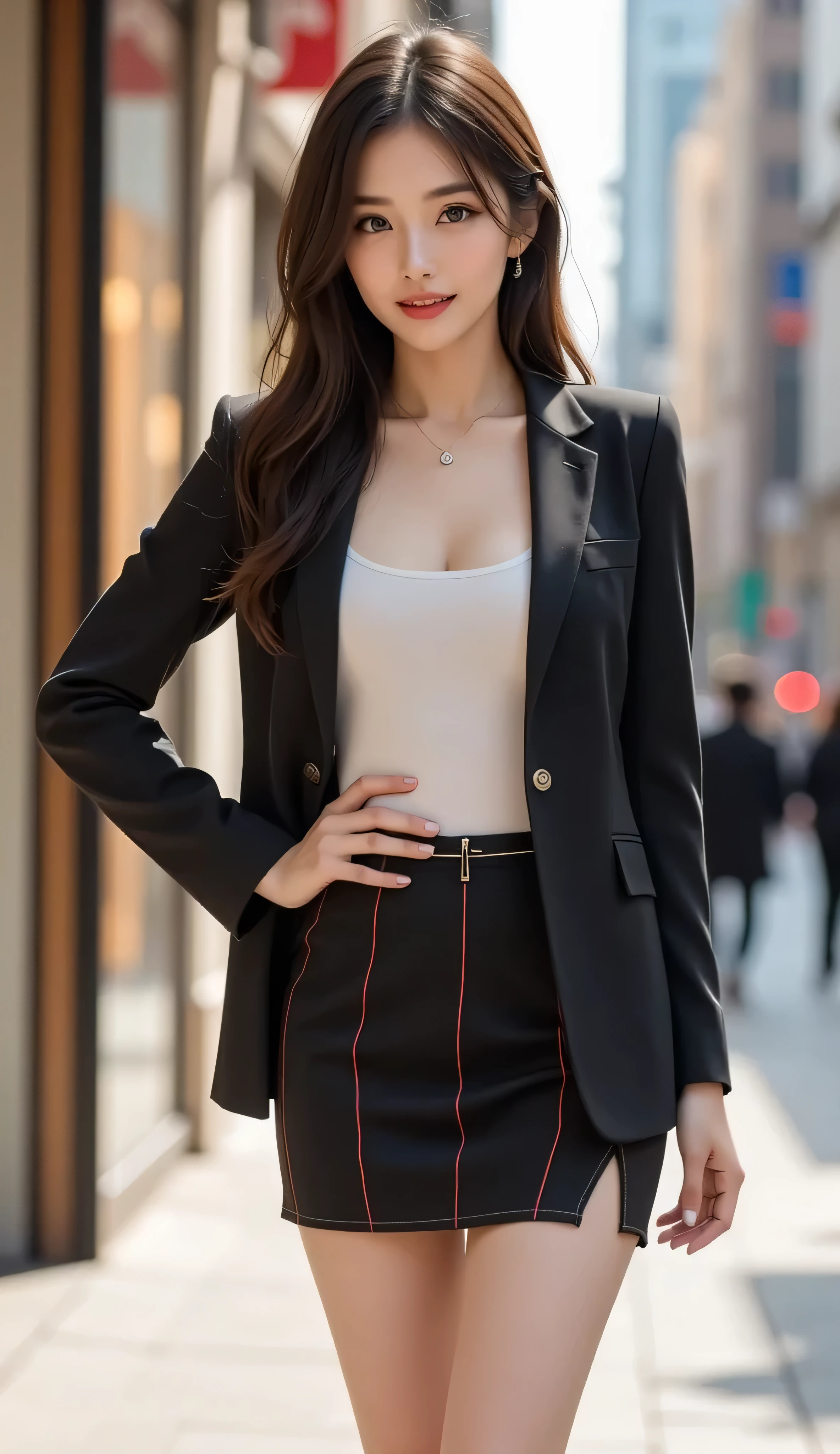 (One Gal:1.8), ( black hair:0.2),((A Shining Place)), ( Outdoors, shopping mall, shopping street), ( Showing the whole body, is standing, (( model posing with small breasts)), Open your legs naturally , walking ), ( tall , Thin Thighs, long legs , constricted , Beautiful waist), ((( curvy woman , Beautiful realistic face, white skin, brown eyes, natural eyes, eye focus , accurate limbs in theaters))), ( surrealism , super real, 8K quality, attention to detail , super high resolution, best quality , masterpiece), perfect strict suit ,((( Chest Highlighting Office Suit , Shiny office suit set , (( wear a formal suit jacket )), (( Wearing a tight formal skirt )), (((((black and red pinstripe design fine dress suit))))), ((( Enchanting Smiles))), high waist girlfriend, ( stiletto heels ), and stare at the camera, (Only women are pictured), Sleek silhouette, Natural Curves, photorealistic , complicated details,(Thin chain accessories),( garter belt),(((( stockings )))),(Black lingerie ),( Beautiful Makeup :1.3), ((( black stylish stretch knee high long boots,スティレット stiletto heels ))):1.8, (( full body shot )):1.8