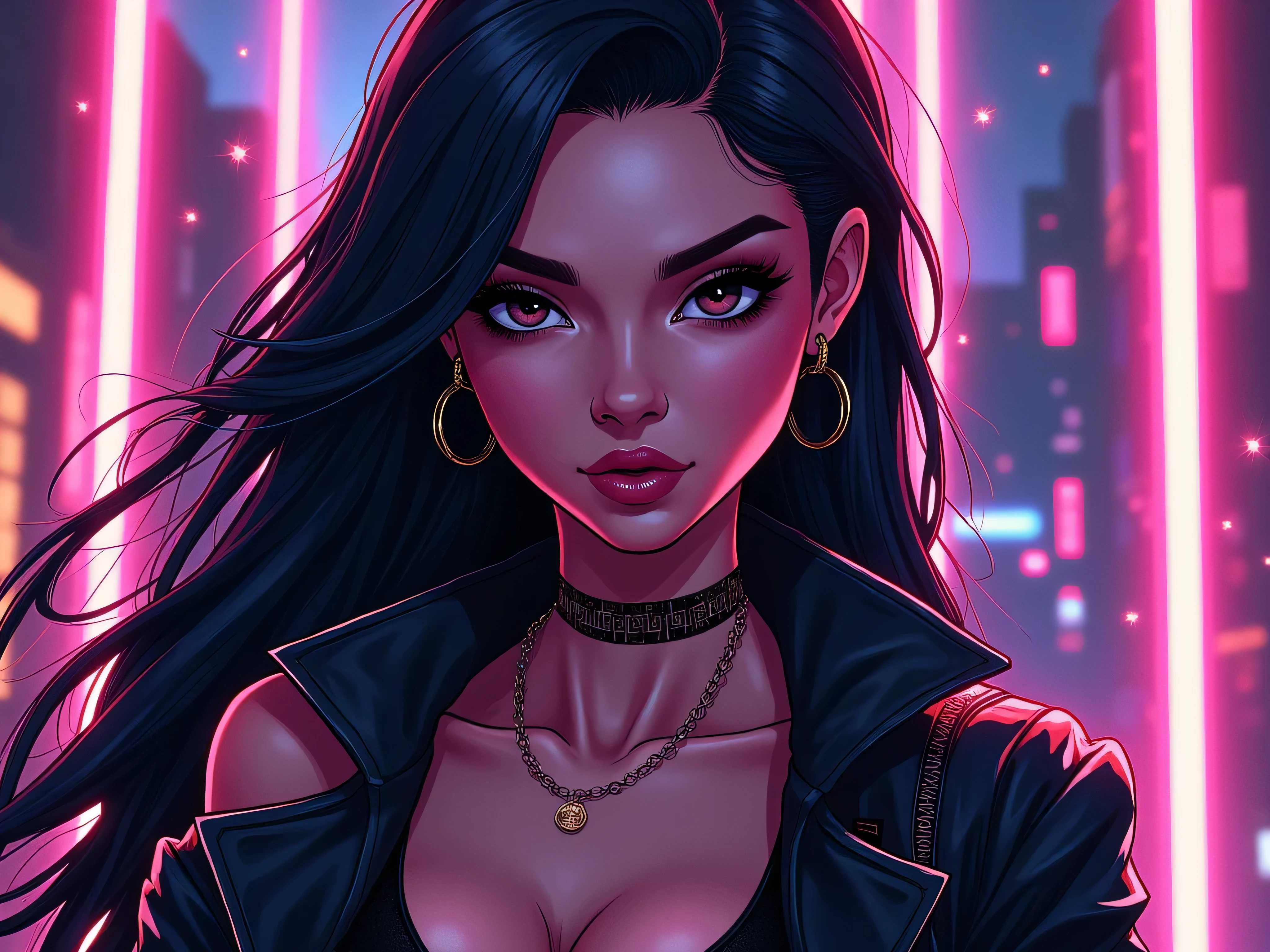 portrait of 1girl solo, Half-Up Half-Down with Hair Clip, Cheeky panties with a ruched back., headshot, face focus, Leaning against a pillar or column, looking thoughtful and introspective, City of Neon Lights and Reflections, masterpiece, immaculate, highly detailed, detailed,