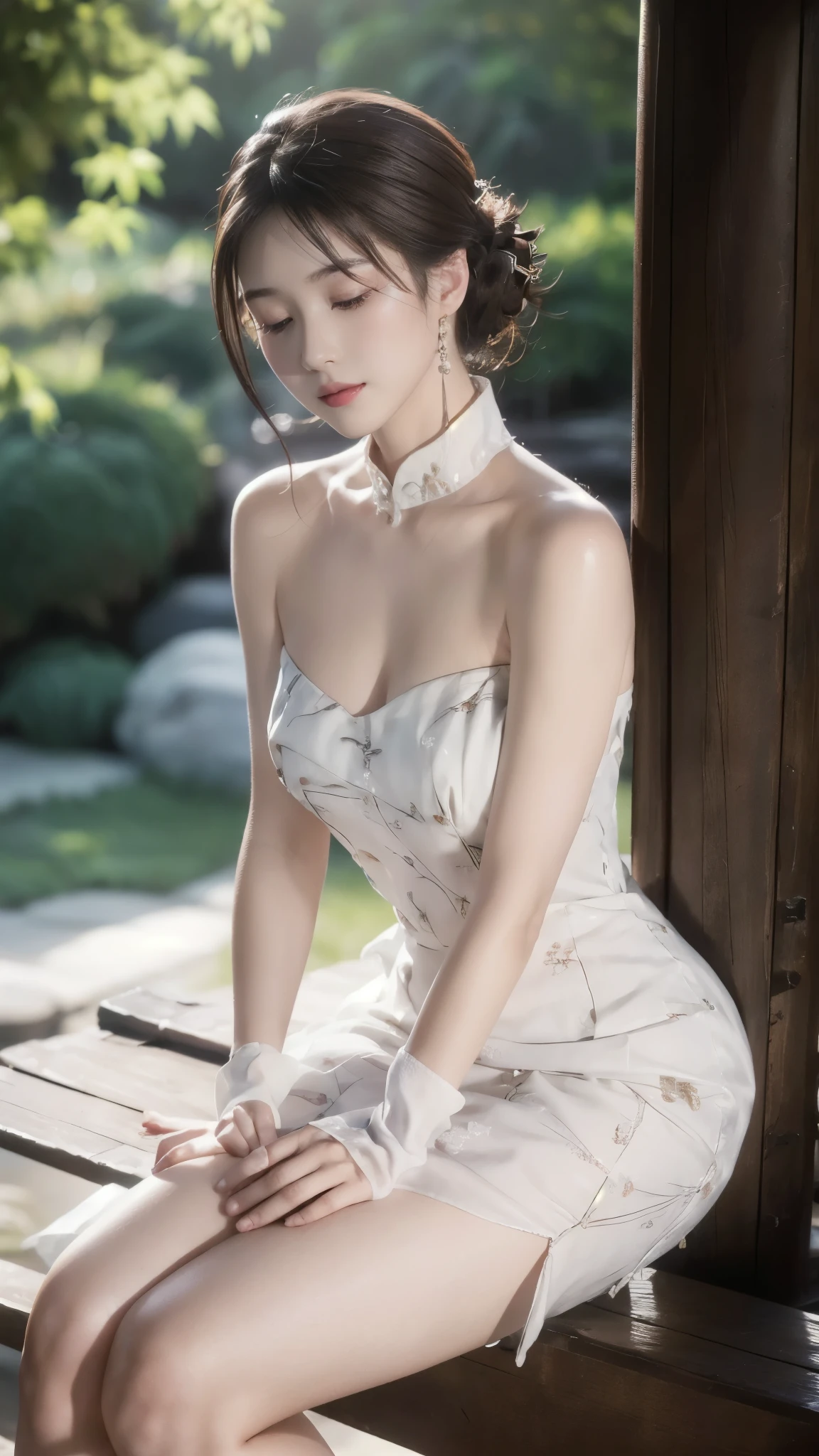 1girl, blurry, sitting, blurry_background, tree, solo, dress, bracelet, jewelry, day, white_dress, closed_eyes, brown_hair, gloves, depth_of_field, white_gloves, lips, bare_shoulders,extremely detailed CG unity 8k wallpaper,masterpiece, best quality, ultra-detailed, beautiful detailed eyes:1.2,best illumination, (best shadow, an extremely delicate and beautiful, bloom),(masterpiece:1,2), best quality, masterpiece, highres, original, extremely detailed wallpaper, perfect lighting,(extremely detailed CG:1.2), drawing, paintbrush,