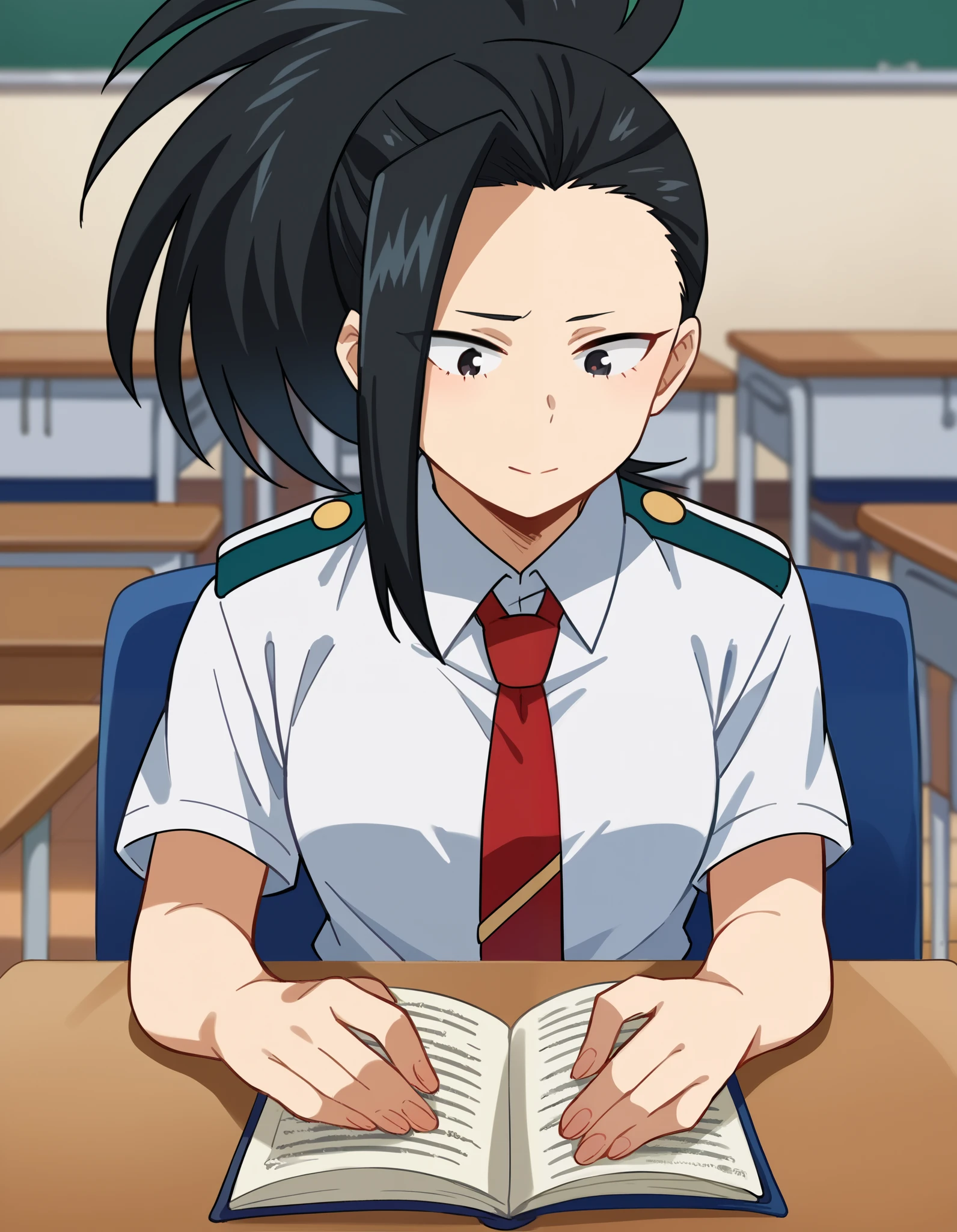 score_9, score_8_up, score_7_up, source_anime,
yaoyorozumomo, yaoyorozu momo, long hair, bangs, black hair, ponytail, black eyes, high ponytail, wide ponytail,
shirt, school uniform, white shirt, short sleeves, necktie, collared shirt, red necktie, u.a. school uniform,
indoors, classroom, sitting, chair,
, cowboy shot, reading, studying, (close up), desk, big boobs