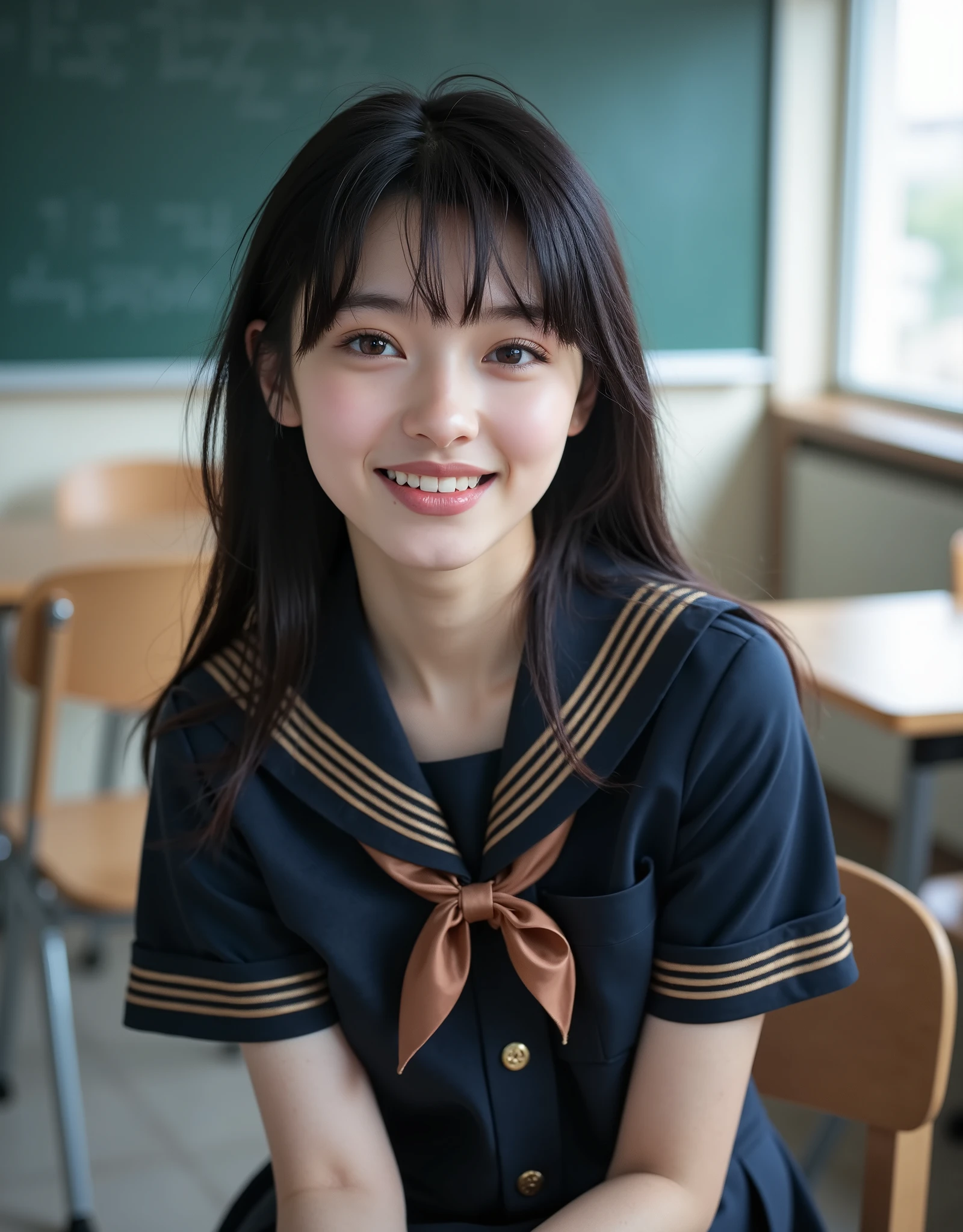 (Canon), (EOS R5), (50mm), ((( photorealistic:1.5))), (No lens flare :1.5), ((超 high resolution)), (masterpiece), accurate,( is presentな質感の肌), more details, high detail, high quality , Award-winning work , 最 high quality, 32K, depth of coverage, digital camera, award-winning glamour photo , professional lighting, (SFW), ((最 high quality:1.5)), ((masterpiece:1.5)), (( is present)), high resolution, is presentな影, Roughness, Real Life,( 1 Japanese woman so beautiful and cute), ((Very young and petite:1.8)), ((Quite ish:1.8)), ( The cuteness of Japan's top idol ), ((Upper body shot seen obliquely from the front :1.5)), (( upper body shot from head to knee :1.5)), ((A cute Japanese junior high school girl)), (( middle school classroom, desk, chair, blackboard, and window visible )), (((Navy blue short sleeve sailor suit with dark blue collar and 3 brown lines :1.8))), (((襟と胸当てが紺色で3本の茶色ラインがある半袖の紺色夏服セーラー服と dark blue flare skirt を着て椅子に座っている:1.8))), (( short sleeve navy blue sailor suit with dark blue collar and breastplate :1.8)), (( sailor suit chest is dark blue with 3 brown lines :1.5)), (( dark blue flare skirt :1.5)), (((セーラー服用のBrown scarf:1.8))), (((Brown scarf:1.8))), ((Navy blue scarf closure :1.5)), (( no front buttons on a sailor suit :1.8)), ((( no accessories:1.9))), ((( No Earrings :1.8))), (((Without necklace:1.8))), (( a very cute high school girl who feels young )), Attractive cuteness , seductive pose holding hands, Height: 150cm, slim figure, Quite small bust, A cup, ((少し歯が見える very cute smile:1.5)), ( alone:1.5), (There is only one person in the classroom), ( brown eyes:1.9), ( Detailed depiction of extremely realistic skin ), (Highly detailed, realistic eyes:1.9), (Very beautiful, long, realistic eyelashes), (Highly detailed, realistic eyebrows), (丸い brown eyes :1.8), ( beautiful catchlight on the eyes), (Realistic lips with moisture ), ( white realistic teeth arranged neatly), ( Beautiful and Detailed Face :1.6), ( thin waist:1.5), ( very small bust :1.8), ( clearly contoured cheekbones :1.5), ( perfectly styled body :1.8), (Healthy body :1.8), (Narrow shoulders:1.9), ( viewers), ( seductive gaze), (Beautiful, natural-looking hands), (Short, straight, natural nails), ( show your hands as little as possible ), ( very cute smile:1.1), ( her stomach and navel may be slightly visible:1.4), (straight black hair short hair :1.3), ( beautiful black hair), ( has bangs), Natural atmosphere, Very cute type, beautiful thighs, (( evening classroom )), (( with a pencil case and notebook on her desk :1.4)), (( show your hands as little as possible )), ((I can't show my feet)), blur background, Illuminate the face, cute pose , beautiful body line , Beautiful, realistic skin , Art Photography, beautiful soft lighting , accurate手の形, accurate指の形, accurate指の数,5 fingers on one hand ,((No watermark, No signature))