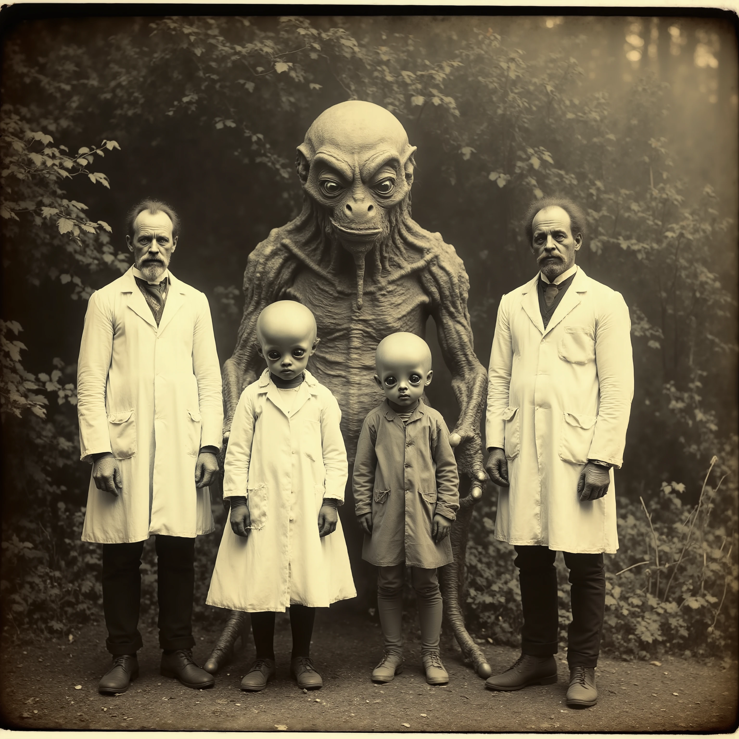 Daguerreotype photo. Scientists in white lab coats pose outside with a a short grey alien with large black eyes, and a tall grey alien with large black eyes. Photo realistic
