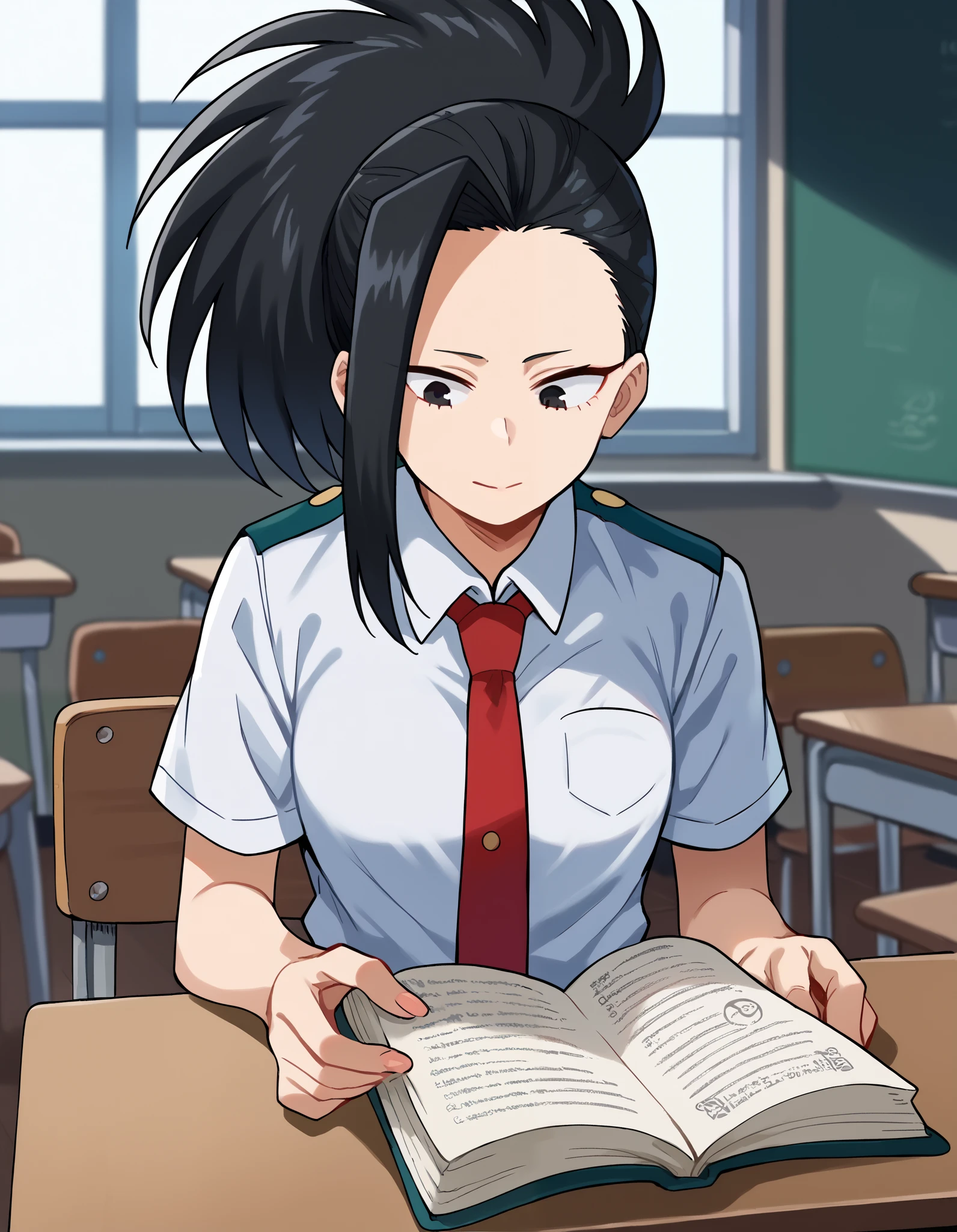 score_9, score_8_up, score_7_up, source_anime,
yaoyorozumomo, yaoyorozu momo, long hair, bangs, black hair, ponytail, black eyes, high ponytail, wide ponytail,
shirt, school uniform, white shirt, short sleeves, necktie, collared shirt, red necktie, u.a. school uniform,
indoors, classroom, sitting, chair,
, cowboy shot, reading, studying, (close up), desk, big boobs, spooky island possession