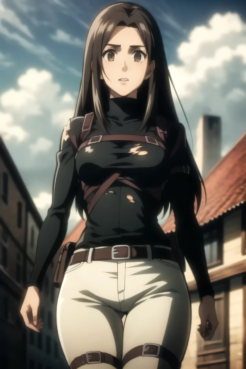 (((torn clothes))), (anime style), masterpiece, best quality, ultra-detailed, ray tracing, HDR, deph of field, (perfect face, detailed face, detailed eyes), 8k, HD, best quality, ultra-detailed, shiny eyes, fair skin, upstanding, closed hands, wide hips, narrow waist, buble gum pink lips, long eyelashes, strong collors, on a medieval city, adult body, adult face, pants, white pants, turtle neck, sky, cloud, outdoors, boots, thigh_strap, three-dimensional_maneuver_gear, survey_corps_\(emblem\), ((tight clothes)), harness, sasha, 1girl, solo, looking at viewer, long hair, (((brown hair, hazel eyes))), curly hair, hair down, masterpiece, best quality, high definition, harness, ((masterpiece)), best quality, fair skin, notably long eyelashes, sharp eyes, perfect face, high quality face, mature face, hazel eyes