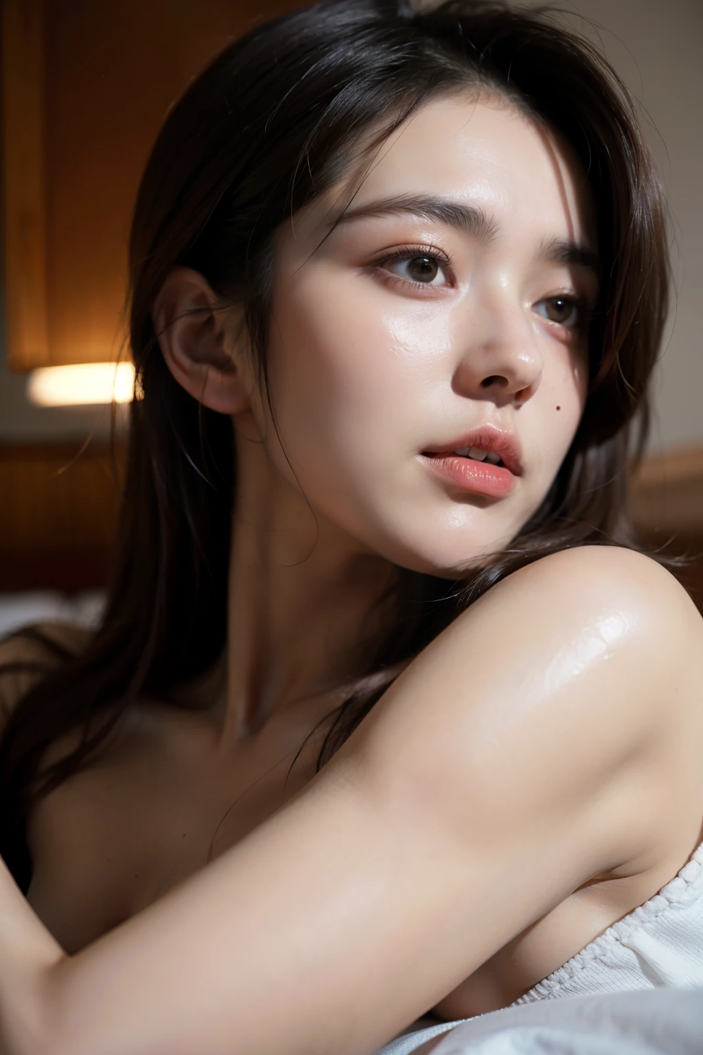 ((8k, highest quality, masterpiece、Realistic、Ultra-high resolution))、((Japanese women))、((Black Short Hair))、(Small breasts)、(((Eye corners are((one))mole)))、((Face is golden ratio))、Beautiful Face、Beautiful Eyes、Delicate face、Focus on the face、glossy、Beautiful face、bed、Beautiful lips、((((Close your eyes 1:1))))、Are sleeping