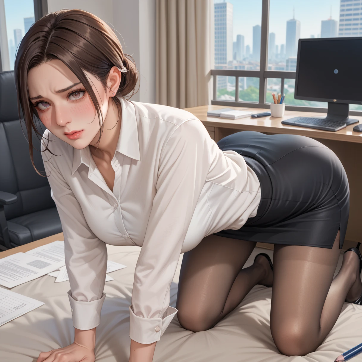 realistic pictures、Super high quality、real person、Mikako Tabe、Real Portrait、Office Lady、Tight Skirt、super mini skirt、ponytail、light blue blouse、Bra Line、white bikini panties、sitting、from the front、spread her legs,show white panties,beautiful camel toe、beautiful thighs、Crotch open showing panties、beautiful panties、(indoor modern office/), Limited to 1 female, /(casual shirt pencil skirt/) ID card, /(black hair/) bangs, gentle smile, (A masterpiece of the highest quality:1.2) super detailed, big breasts