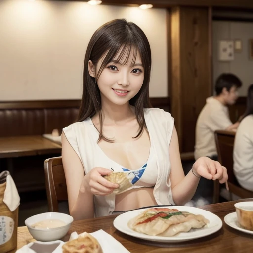 Best-quality, Masterpiece, Ultra-High-Resolution, (Photorealistic:1.4), Raw-Photo, 1girl, the most famous Japanese idol, having lot of fun at Japanese barbecue-restaurant, detailed Japanese-barbecue-restaurant, extremely cute face, extremely beautiful big-eyes, extremely beautiful hair, extremely beautiful skins, extremely beautiful long-eyelashes, extremely beautiful lips, looking at viewer