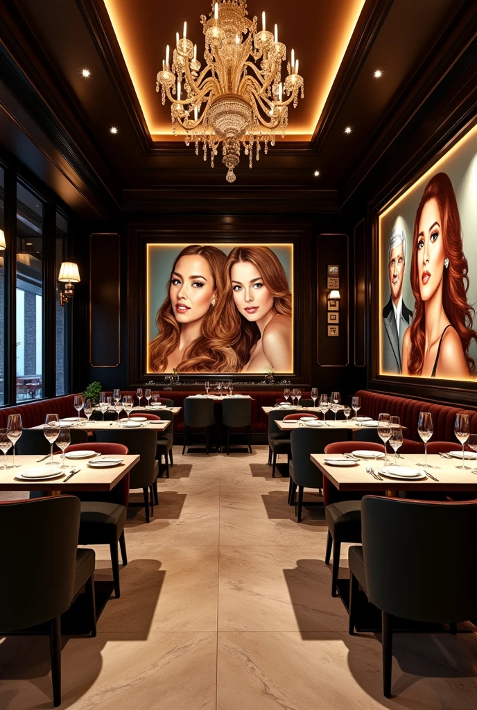 red-haired woman,with a black dress with diamonds and a white bag,fully body,in a refined golden restaurant.