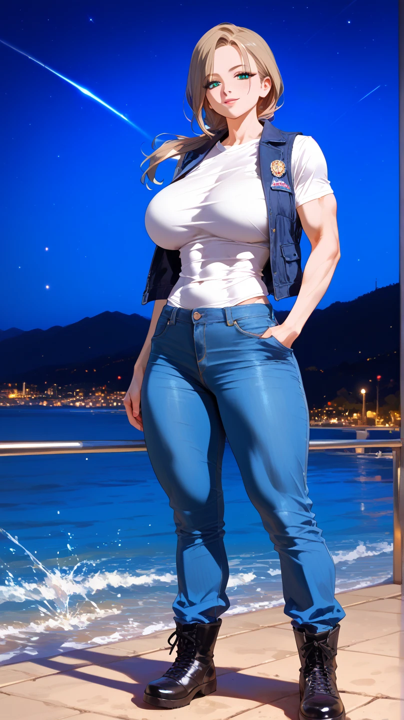 woman thin, pans jogger, blondy hair, blue eyes, busty. Blue low-cut t-shirt