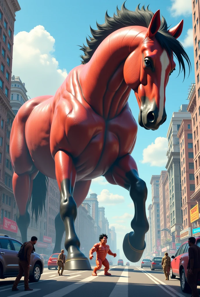 NSFW, Anthropomorphic Horse, Huge muscles, Massive Muscles, Nude, horse penis, Long horse penis, huge horse penis, city, cityscape, Several Anthropomorphic Horses jogging in the nude