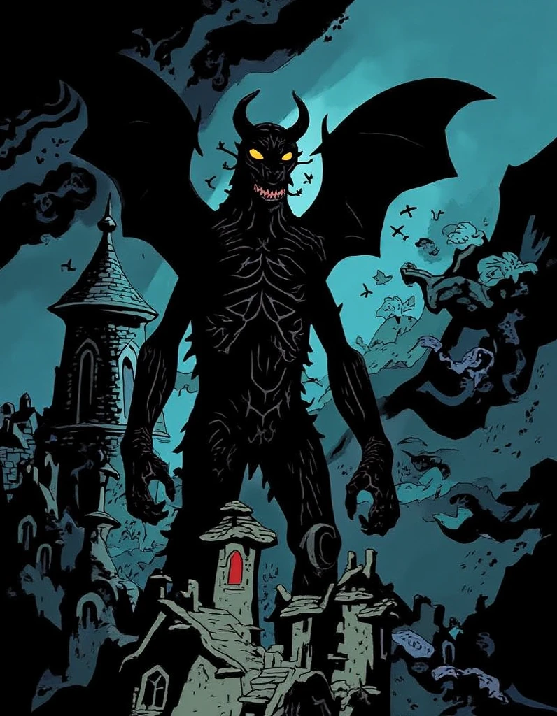 man trying to poke her with a demon at a bed side smoking and drinking,something evil there is smoke in the environment, quality black and white comic style the stage is dark and is in the background are shadow men, gl9wing red contrasting eyes