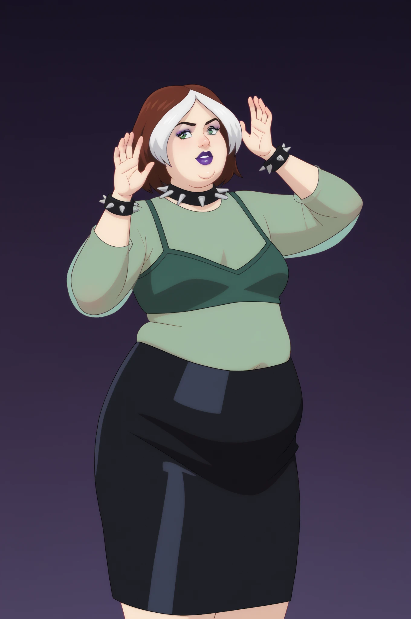 source _ cartoon, score_9, score_8_arriba, score_7_arriba, score_6_arriba, score_5_arriba, score_4_arriba, BREAK, a girl, a girl, rogue(Fat Body), to wonder, multicolored hair , brown hair , white hair, purple lipstick , purple eye shadow, green eyes, transparent shirt, skirt, spiked necklace , spiked bracelets , modeling pose , (clothes that fit your big).