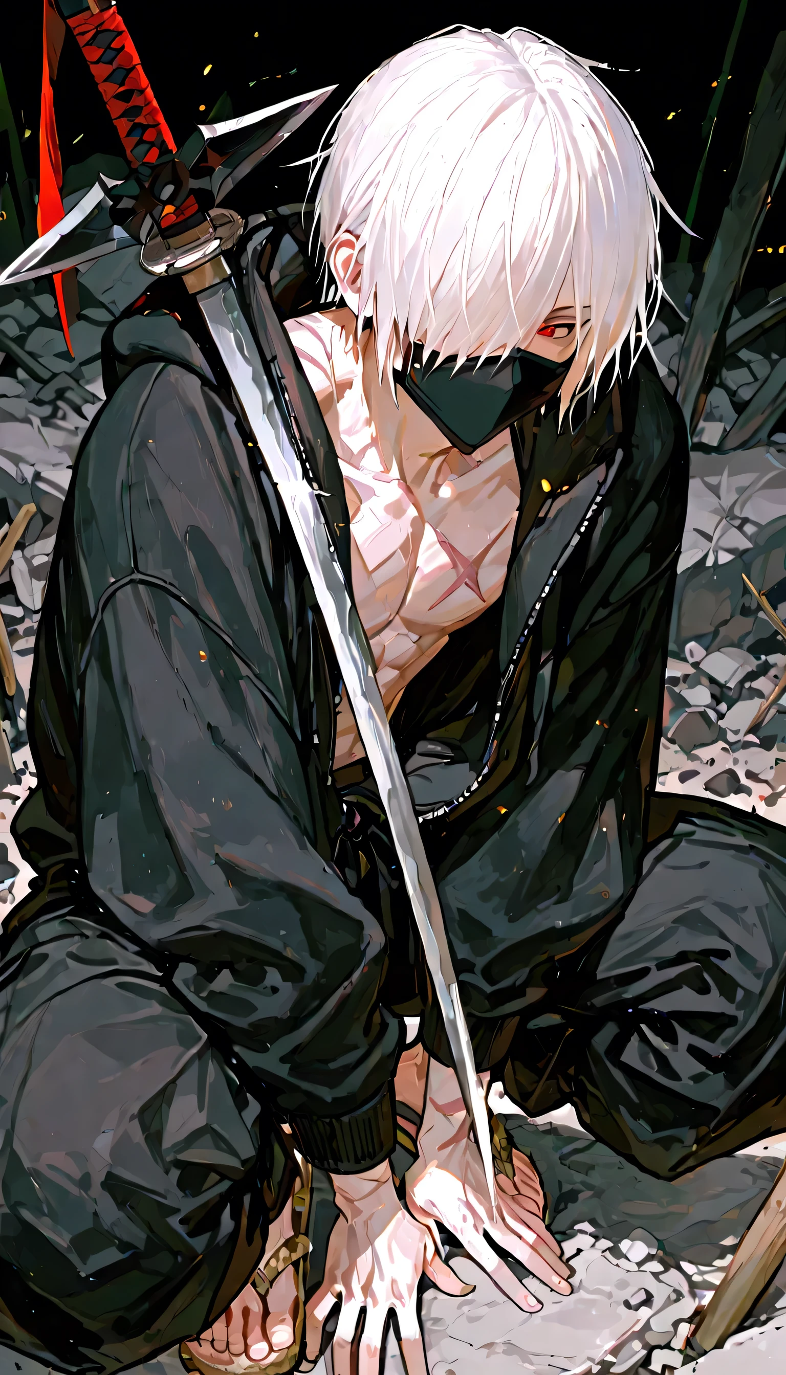 1boy, skinny body, handsome man、Holding a sword、((Shuriken:1.2))、(( are burning around:1.2))、straw sandals、ninja、form below, hair over one eye, red eyes, 3 scars on my cheeks , white hair, On top of the rubble、full body, , baggy pants、mouth mask, black clothes, oversized black fleece jacket