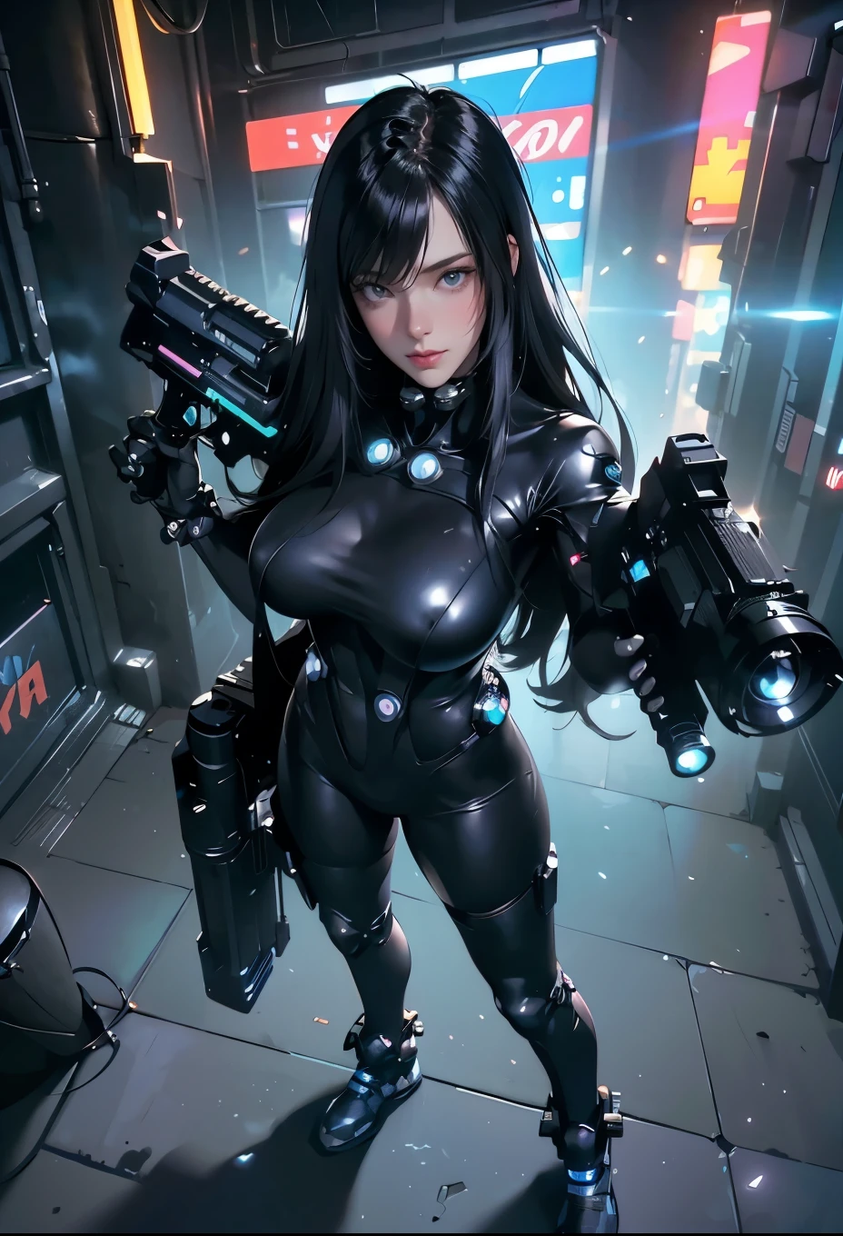 Anime girl in black latex holding two guns in a dark alley - SeaArt AI