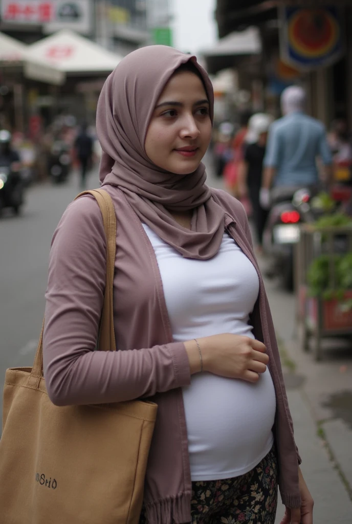 9 months pregnant beautiful young girl, wearing hijab, tight clothes, full body, 8k, high resolution, ultrasharp, masterpiece, hand holding belly, on the curch, surrounded by pregnant women wearing hijabs, big breast and big pregnant belly, face uncovered and looking at the screen, and navel trace on clothes because they are wet.
