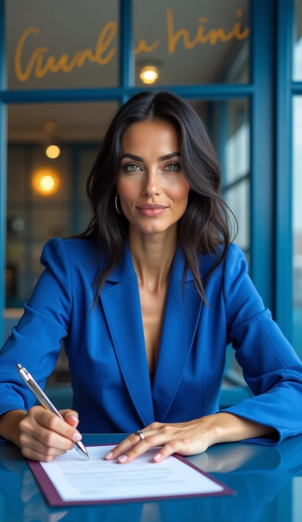 a one woman, Mother , businesswoman, 30 years old,dark brown eyes, black and medium hair, evangelical, wearing a baby blue outfit, well behaved executive, In an office, with a cell phone in hand, sitting at the table studying, in the background a mirror reflecting the image 