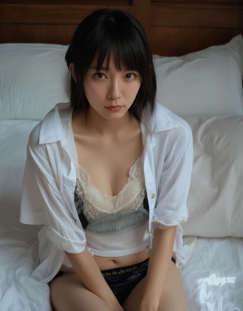 (masterpiece), Very detailed, Ultra-high resolution, Realistic, photo Realistic, High-resolution RAW color photos, Professional photos, Sharp focus, (Very detailed顔と肌の質感, Very beautiful eyes, Glossのある肌, Glowing Skin, Glowing Skin, Shining Face, Gloss, Oily skin, greasy face, Oily skin, greasy face,),, (real Glossのある肌 texture), Perfect Anatomy, Very detailed背景,((Bed at night)),(1 female,25-year-old woman, Japanese women),(lean slender body、Slender legs),(short hair, Straight hair, bangs, Brown Hair),(Flat Chest:1.6), (((Navy Japanese high school blazer uniform:1.2, White collared shirt:1.2,Navy Pleated Skirt:1.2、Lace luxury lingerie:1.2)))、((Spread your legs:1.4))、((((undressing shirt、Open shirt))))、((masturbate violently:1.6)),