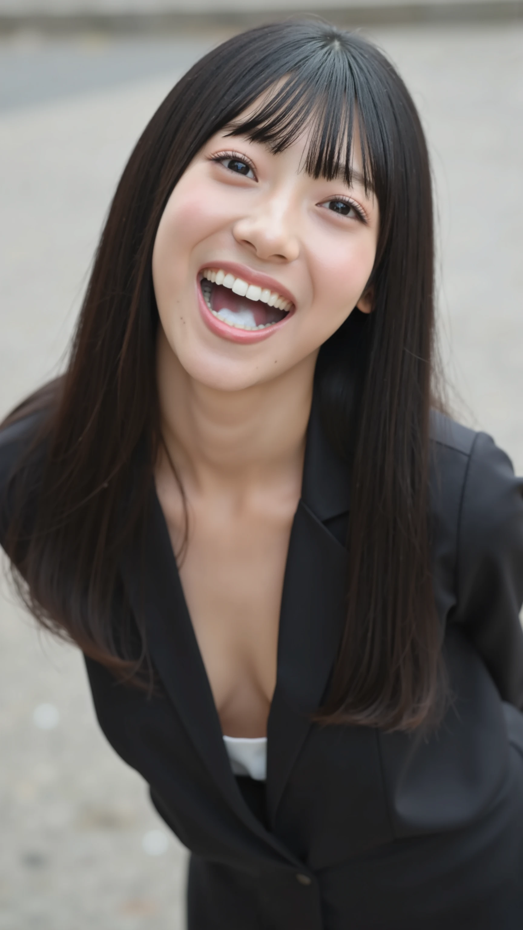 The high resolution photograph of a Japanese young female idol, intricate details, extremely detailed, sharp focus, solo, 1girl, straight long black hair with bangs, pale skin, detailed face, detailed eyes, sophisticated nose, (standing leaning forward, plunging neckline blouse, downblouse, looking up at the viewer, open mouth, white cum in mouth:1.2), outdoors,