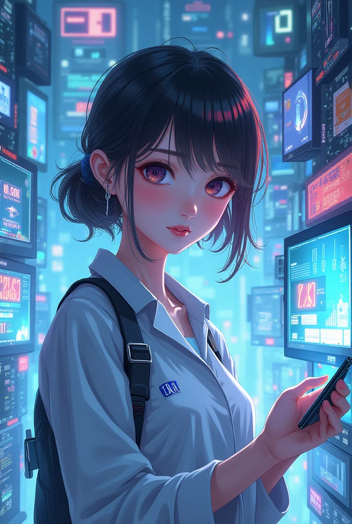 girl smiling, black eyes, looks mysteriously into the camera, burning server room