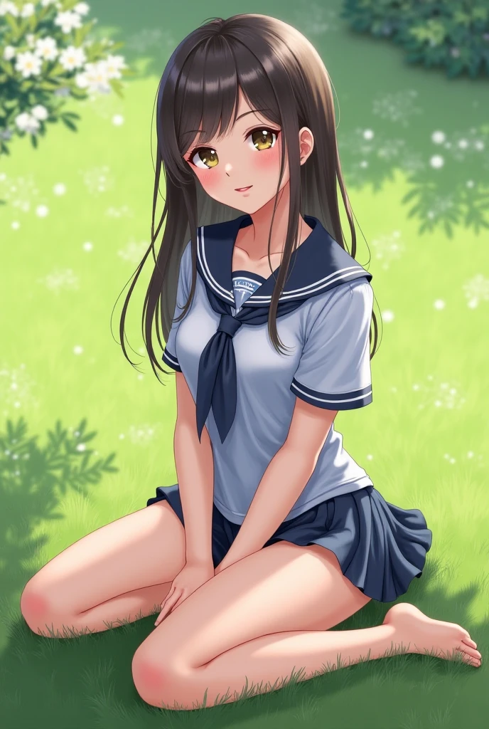 (Masterpiece:1.2), Best quality, A high resolution, Original, (Extremely detailed:1.2), Ultra-detailed, the wallpaper, Perfect lighting,(Extremely detailed CG:1.2), 8K, illustration, 1girll, Solo, Detailed eyes, cheerfulness, Smile, (Girl in {Beautiful|Short-sleeved|short} dress:1.22), (Sailor collar:1.25), Shiny clothes, (crouched:1.17), (Panchira), (Detailed panties:1.33), (Girl playing with cat:1.14), (cat:1.08), backyard, day, [Flowers and grasses:20]